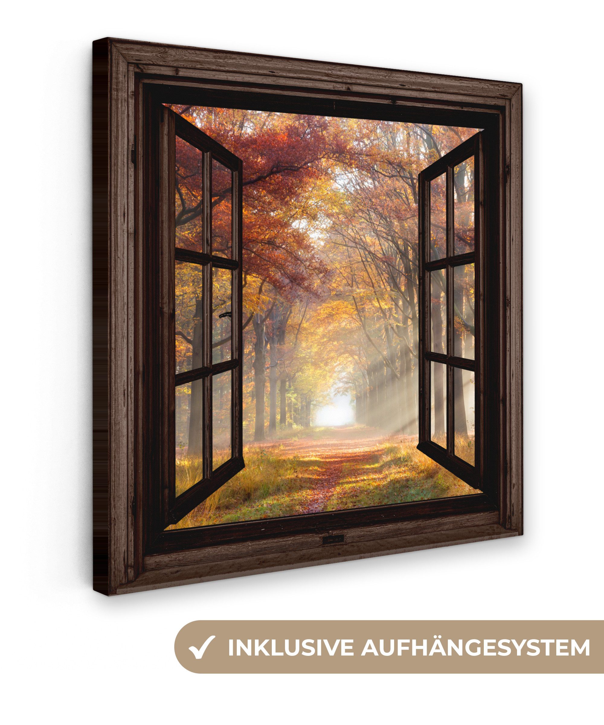 OneMillionCanvasses® Leinwandbild Herbst - Wald - Bäume - Natur - Fensterblick, Fotodruck (1 St), Wandbild, Deko Schlafzimmer Wohnzimmer Flur 20x20 cm