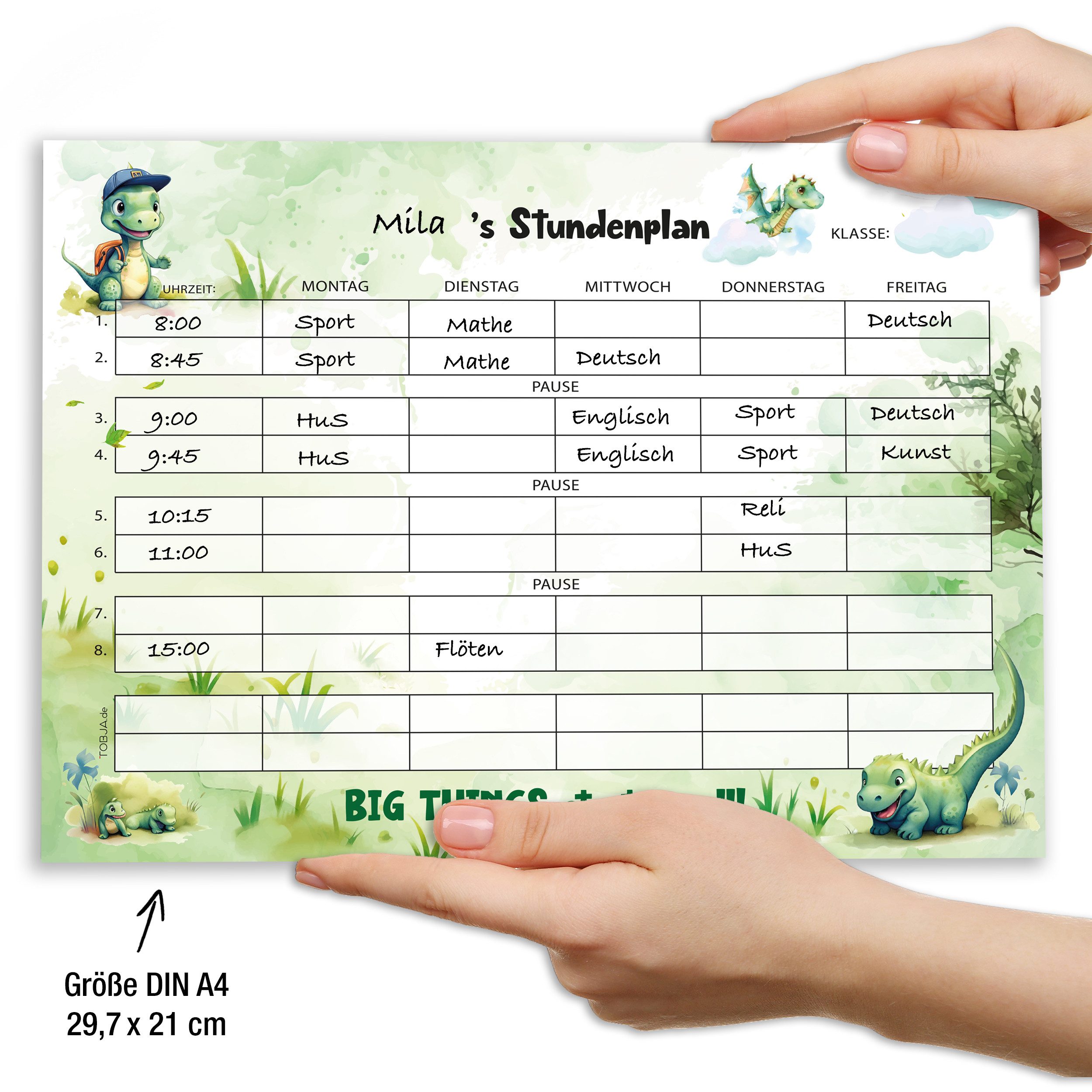 TOBJA Wandkalender Stundenplan Dino Drache - Block 25 Seiten, Stundenplan 1. Klasse, Füllung Schultüte Jungen u. Mädchen