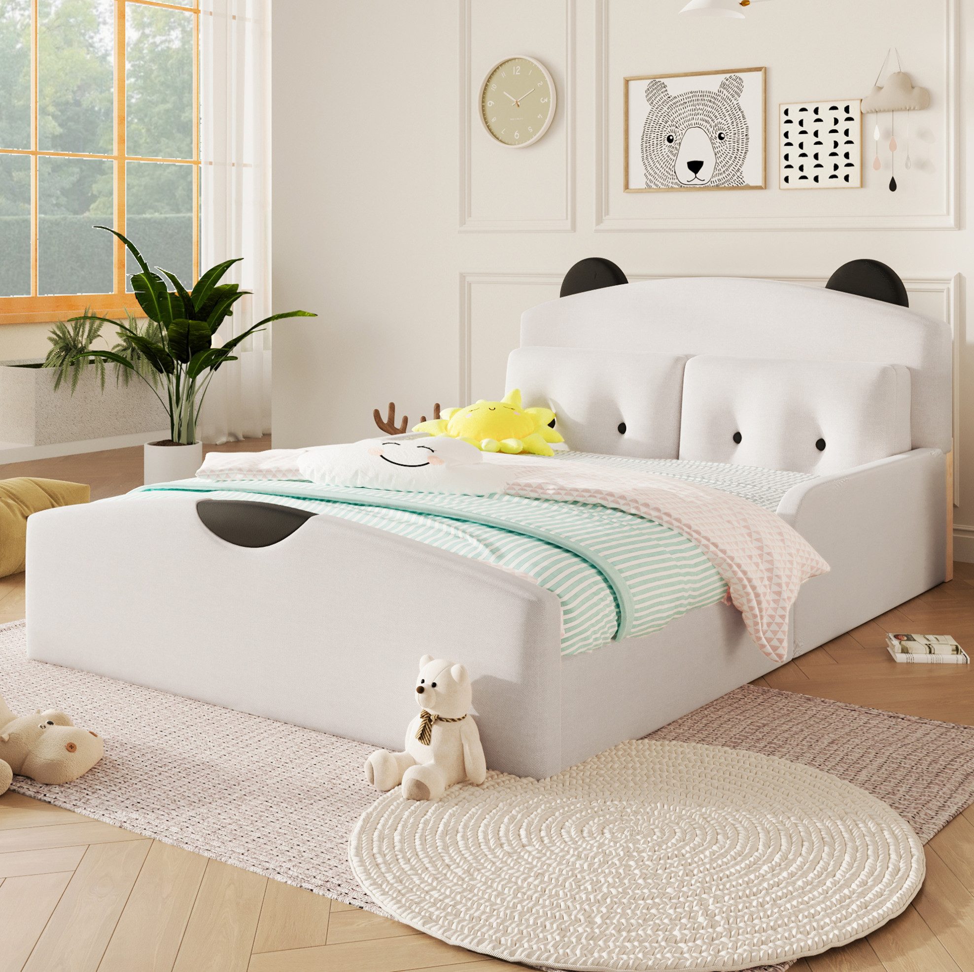 MODFU Polsterbett Bettgestell mit Leinenstoff 140×200 cm Bären Design Ohne Matratze (Packung, 1-tlg., Schlafmöbel mit Plattform Aufbau für moderne Schlafzimmer in Weiß), Doppelbett mit gepolstertem Kopfteil und dekorativen Kissen