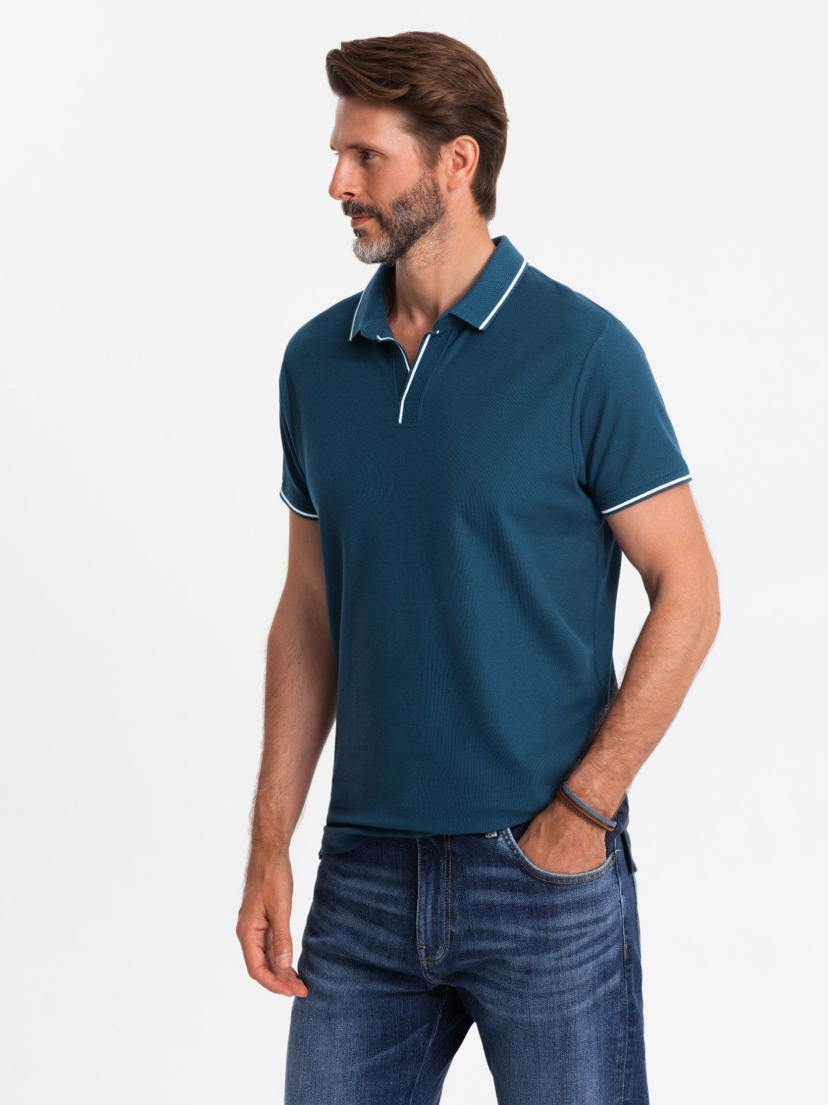OMBRE Poloshirt Poloshirt aus Piqué-Strick für Herren ohne Knöpfe