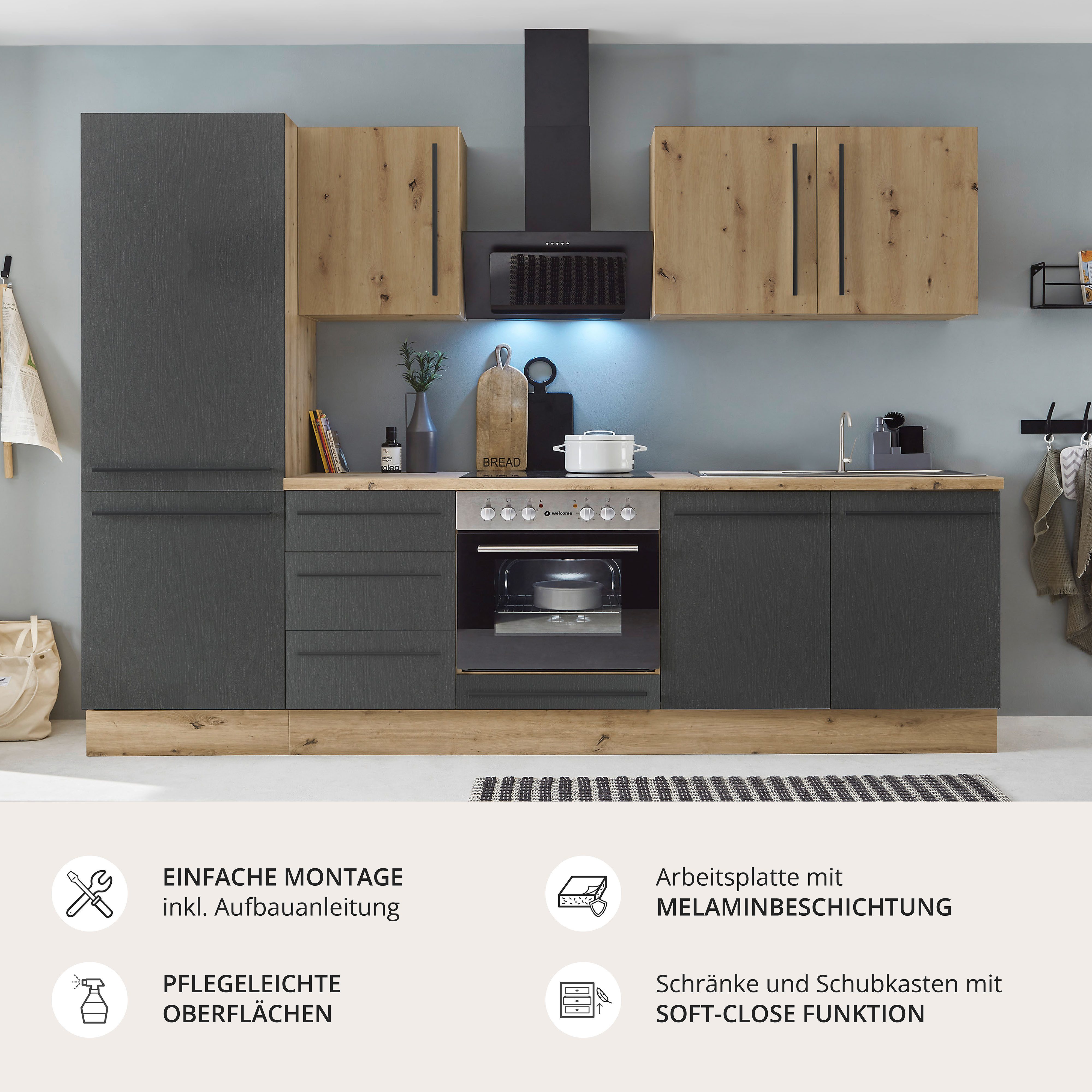 KOCHSTATION Küchenzeile KS-Florida mit 38mm starker Arbeitsplatte, Breite 270 cm, wahlweise mit E-Geräten, Soft-Close-Funktion