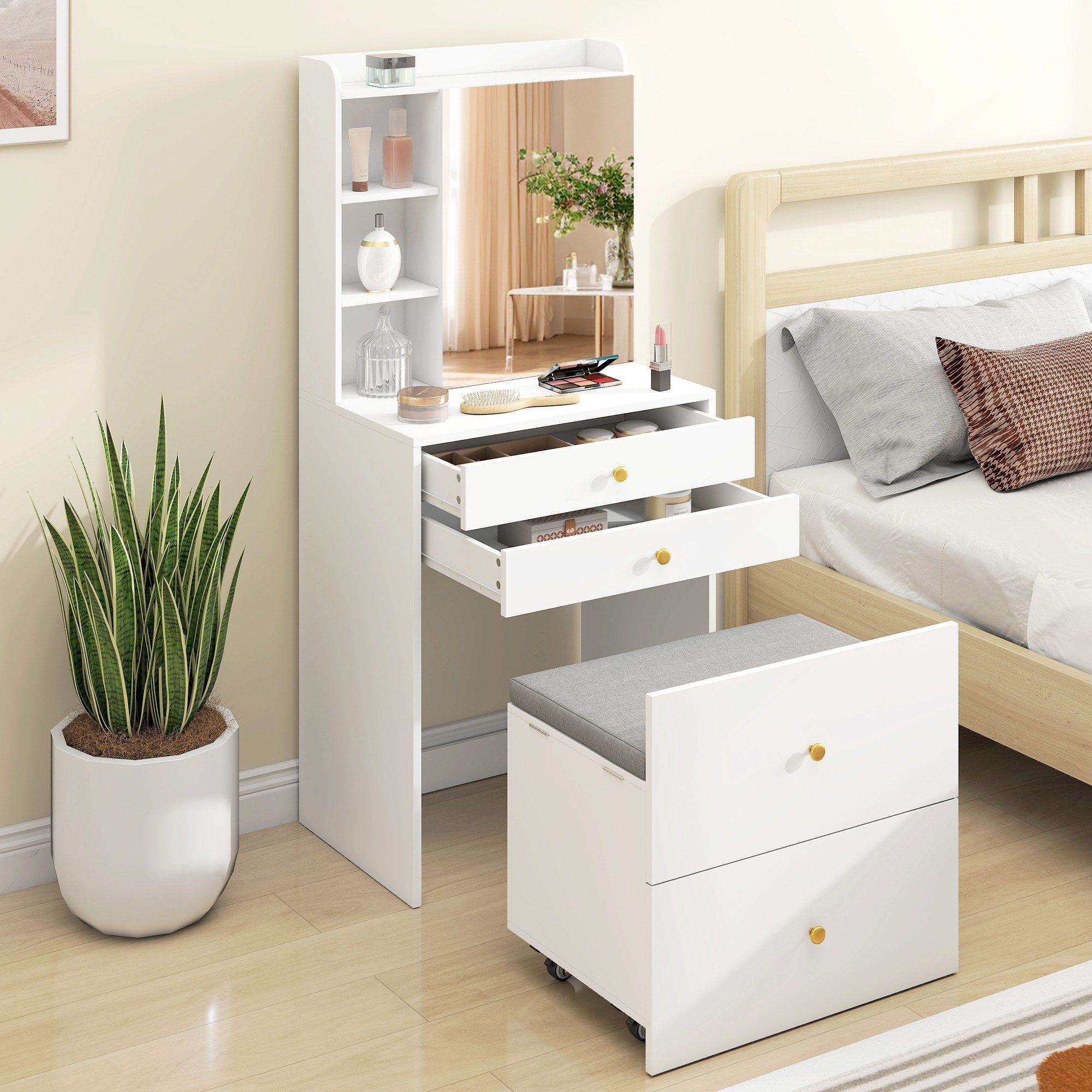 HOMCOM Schminktisch Frisiertisch mit Schrank, Schubladen (Set, 1-St., Schminktisch-Set), Hocker mit Stauraum und Rollen, kompakt, viel Stauraum