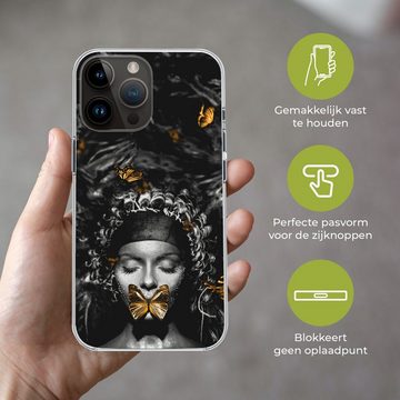 MuchoWow Handyhülle Frau - Schmetterlinge - Schwarz - Weiß, Handyhülle Telefonhülle Apple iPhone 14 Pro Max
