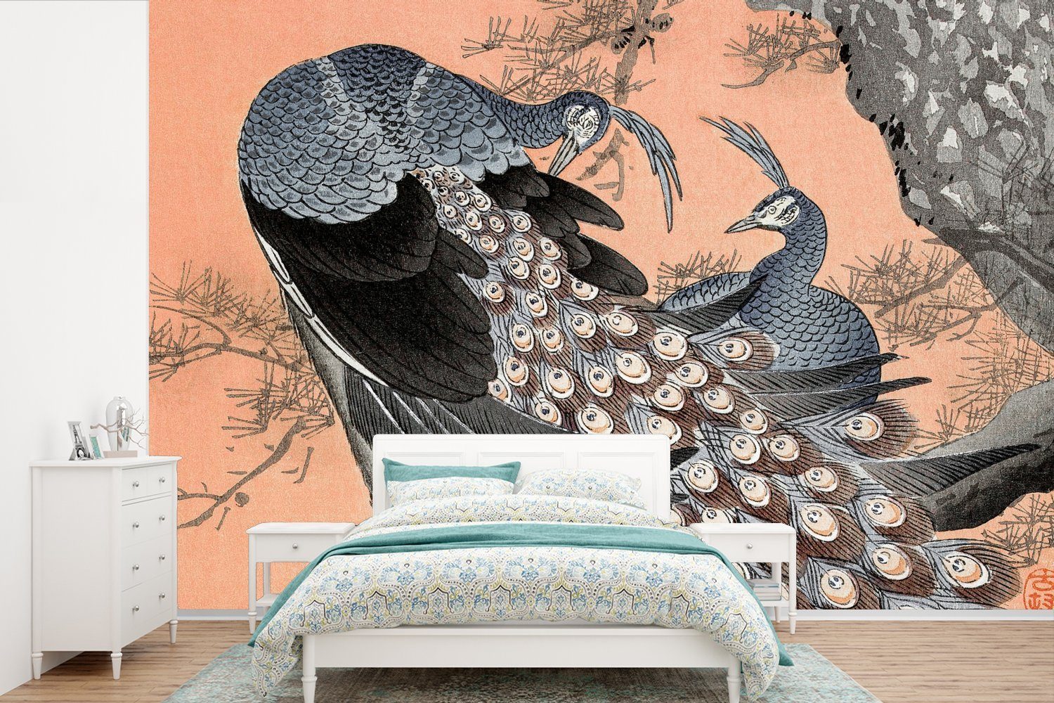 MuchoWow Fototapete Vintage - Japandi - Pfau - Tiere, Matt, bedruckt, (6 St), Wallpaper für Wohnzimmer, Schlafzimmer, Kinderzimmer, Vinyl Tapete