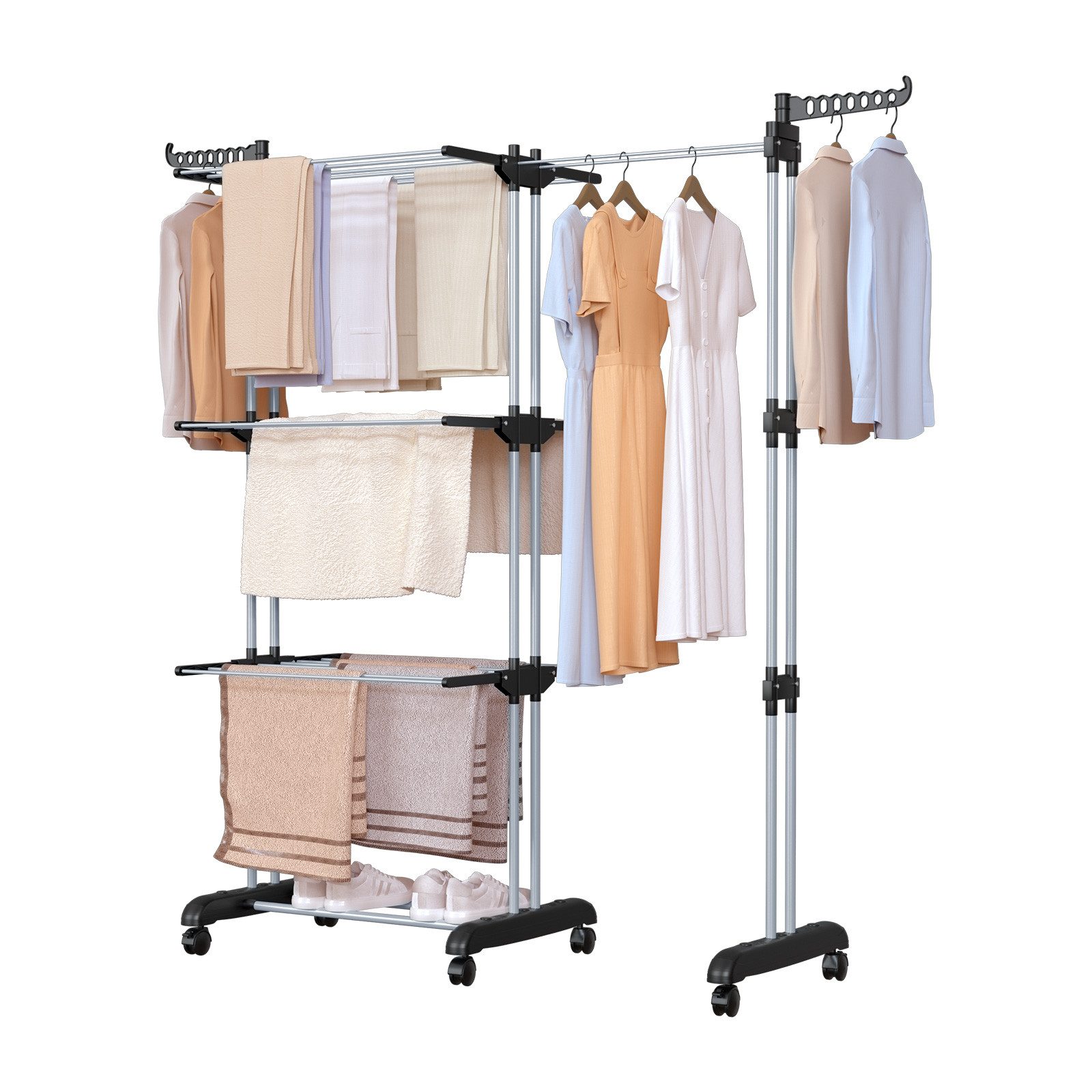 Oak&Tea Wäscheständer Turmwäscheständer Ausziehbarer Wäscheständer Turm für Balkon & Wohnung, XXL Standtrockner, 4 Ebenen, klappbare zwischen 83-200cm, mit Rollen