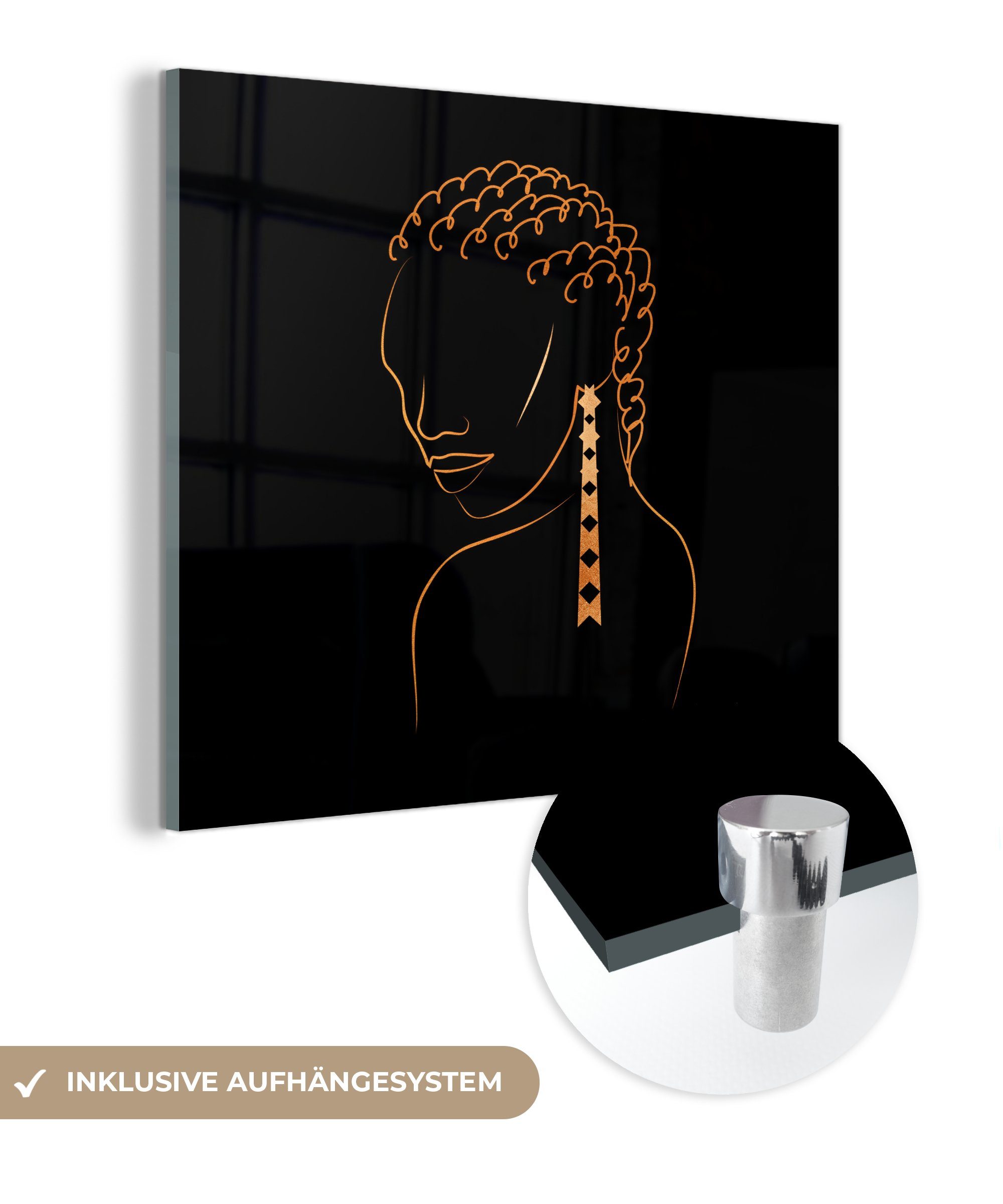Linienkunst Ohrringe - MuchoWow Wanddekoration Bilder - Glas St), Frau - Gold, - - Wandbild auf Foto Glas (1 Acrylglasbild auf - Glasbilder