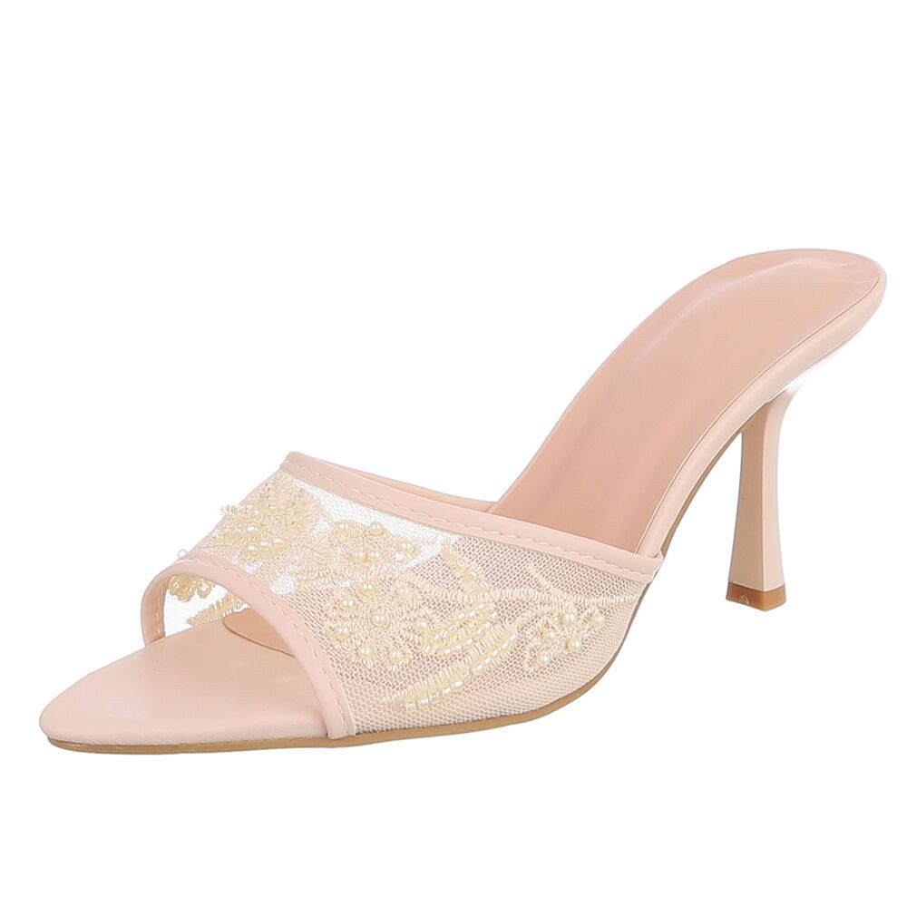 Ital-Design Damen High Heel Mule mit Stickerei & Perlen Pantolette (92214441) Pfennig-/Stilettoabsatz Sandalen & Sandaletten in Beige