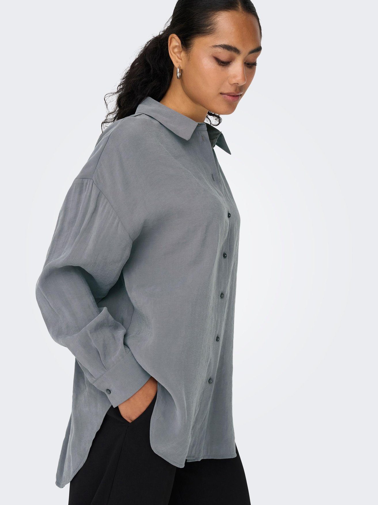Blusenshirt 5635 ONLY Bluse Oversize ONLIRIS Weites in Shirt Langarm Grau Hemd