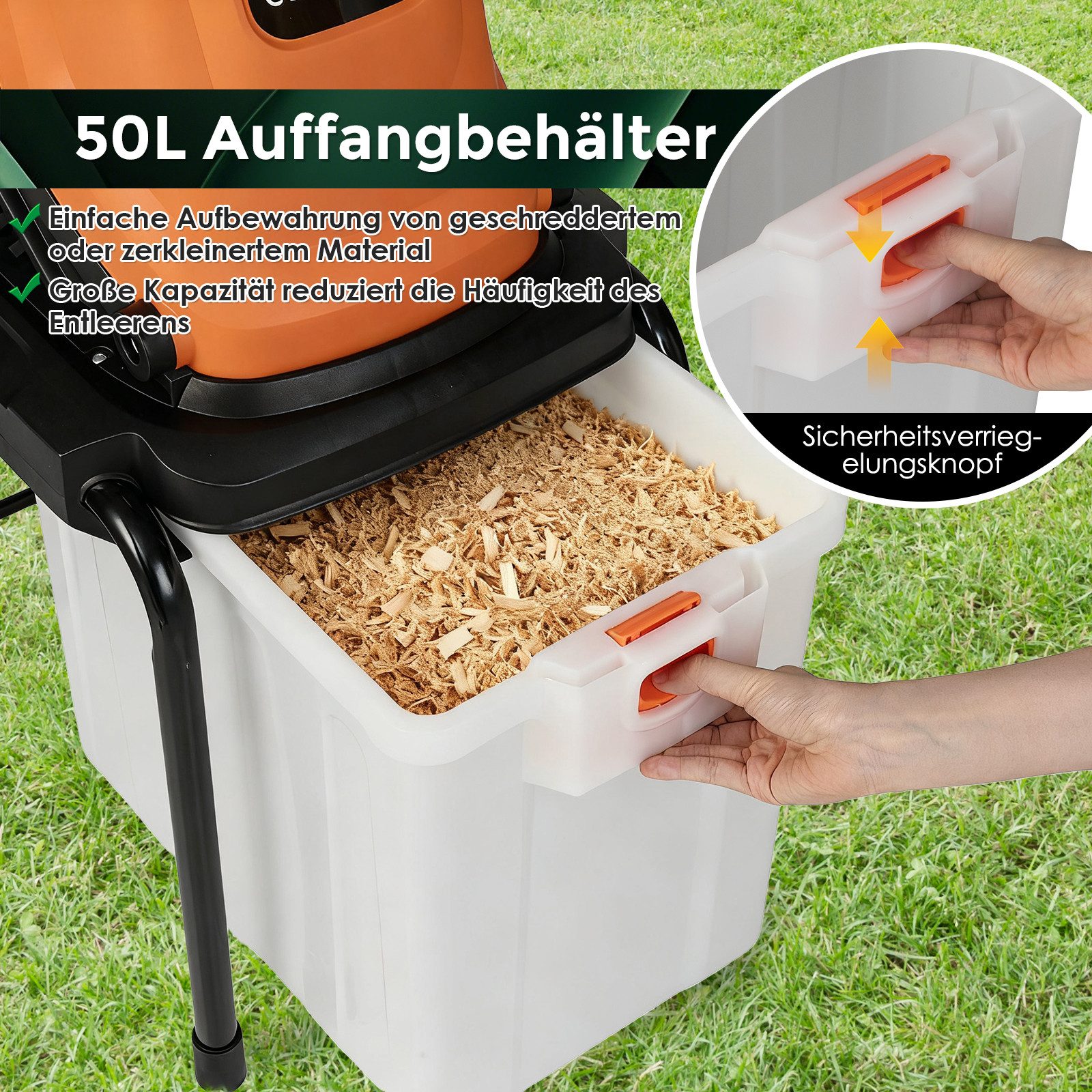 COSTWAY Häcksler, (1-St), 2800W Elektro Gartenhäcksler, mit Rädern, 50L Fangbox