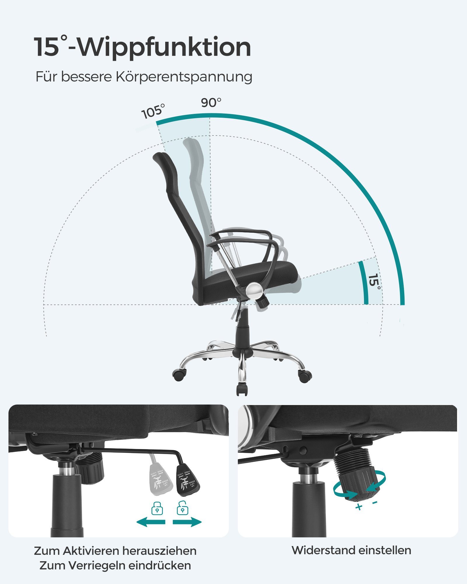 SONGMICS Bürostuhl ergonomischer Schreibtischstuhl, bis 120 kg belastbar (2 St), mit gepolstertem Sitz, höhenverstellbar und neigbar, 2er Set – Bild 4 von 5