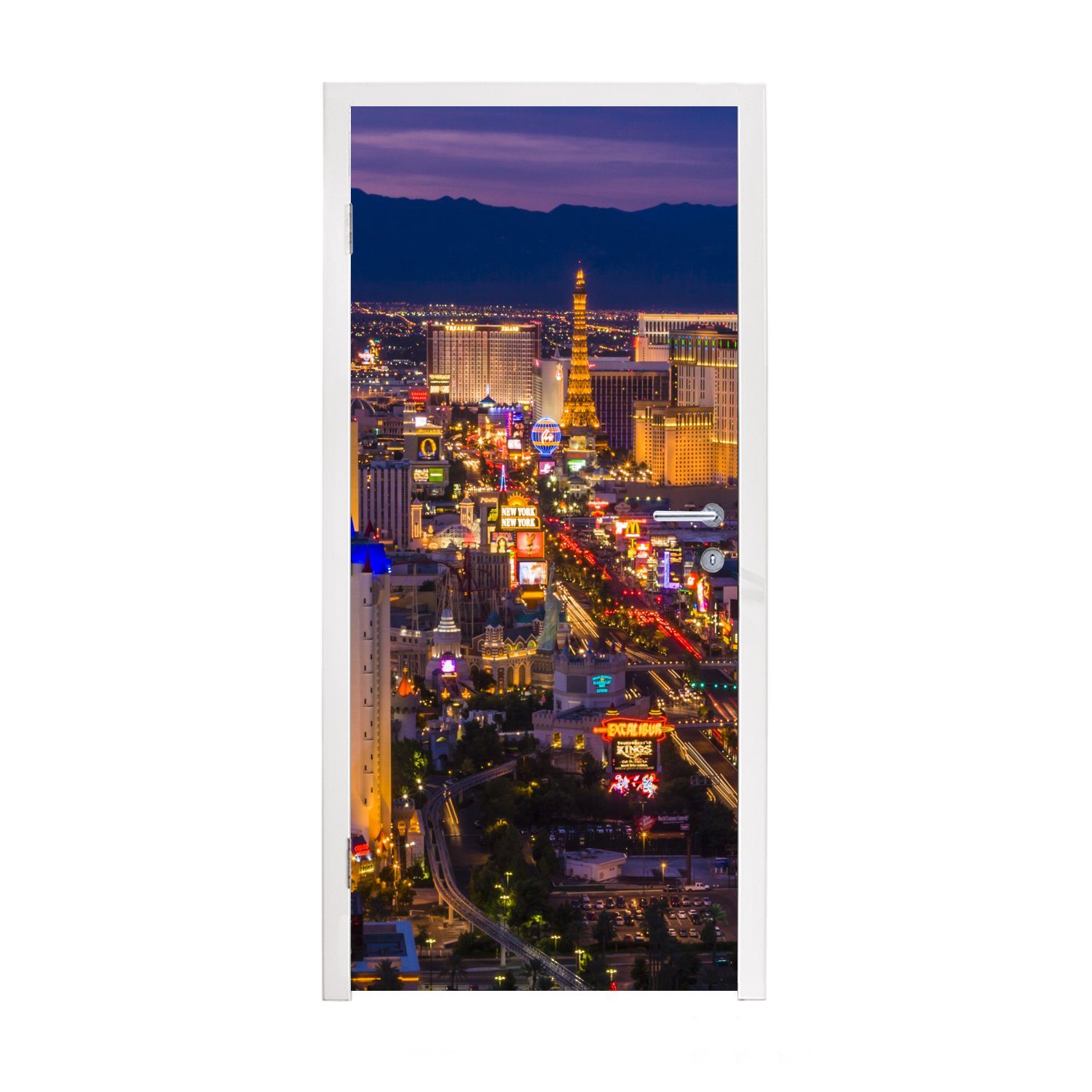 MuchoWow Türtapete Nacht - Las Vegas - Lila, Matt, bedruckt, (1 St), Fototapete für Tür, Türaufkleber, 75x205 cm