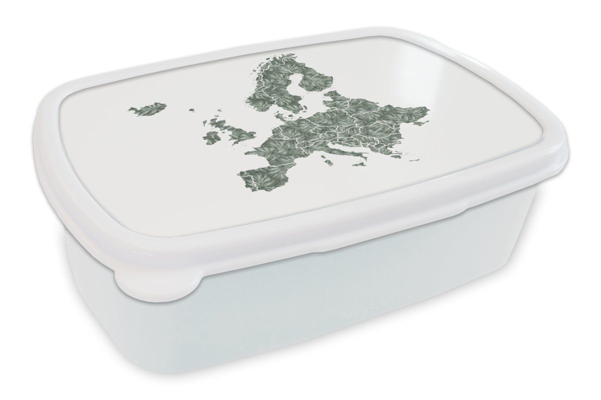 MuchoWow Lunchbox Karte - Europa - Palmblatt, Kunststoff, (2-tlg), Brotbox für Kinder und Erwachsene, Brotdose, für Jungs und Mädchen weiß