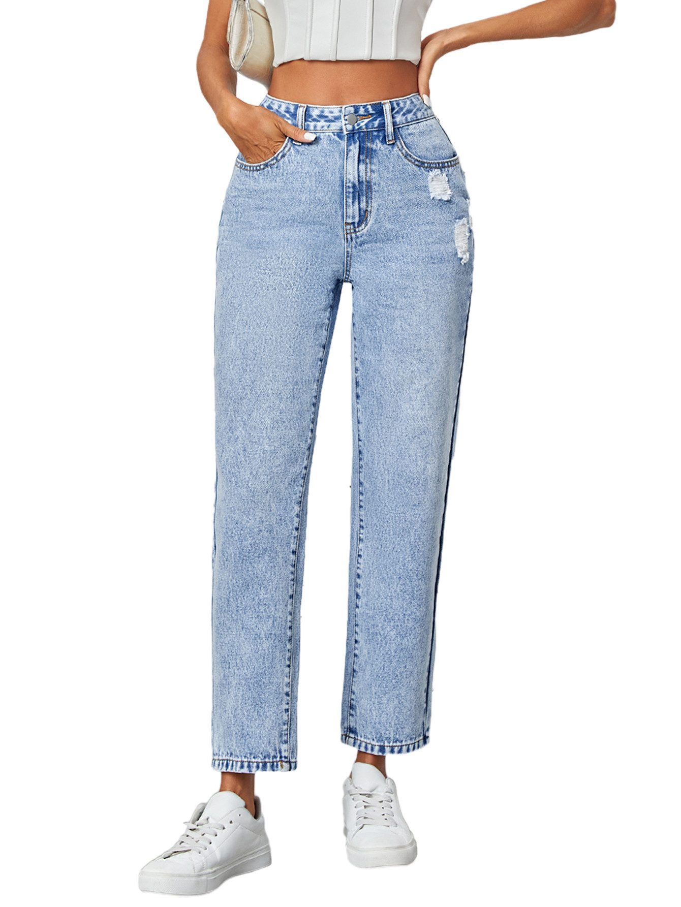 Beluring Weite Jeans Damen Jeans im Destroyed Look – Gerade Passform & Stylisch Destroyed Look & Vielseitig