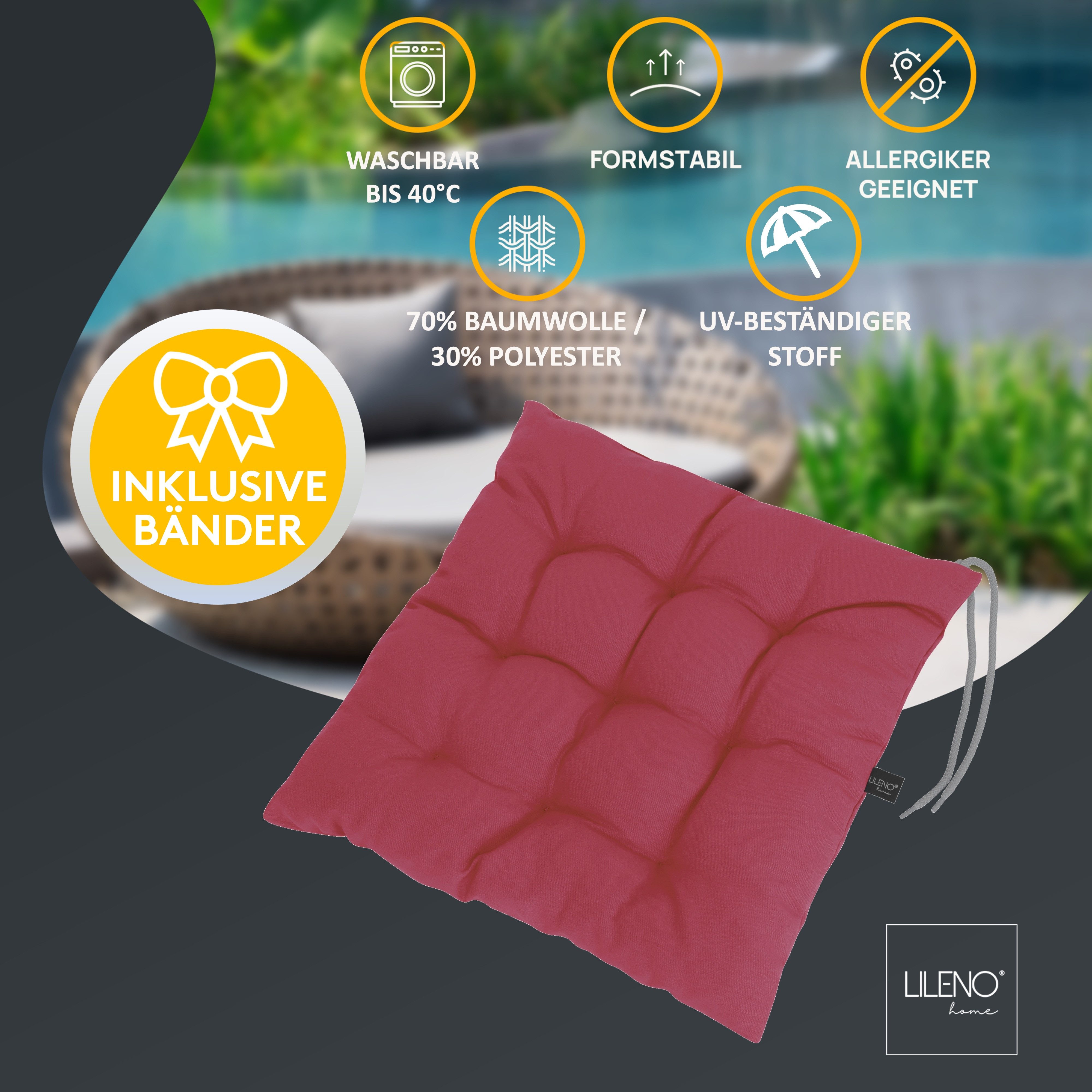 LILENO HOME Stuhlkissen Sitzkissen für Gartenstuhl, Küchenstuhl oder Esszimmerstuhl 40x40x6 cm, Bequeme Indoor u. Outdoor Stuhlauflage als Stuhl Kissen Weinrot