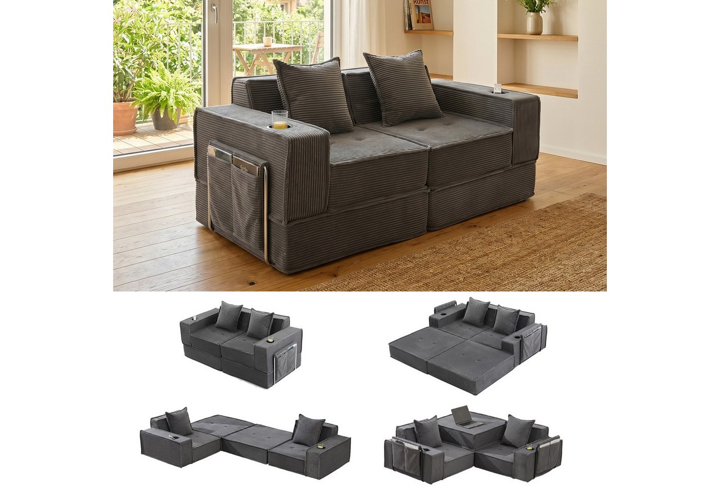 GLP Sofa Modulares Bodensofa 2-Sitzer, Set 5, faltbares Cord-Schlafsofa mit Liegefläche 162x156 cm