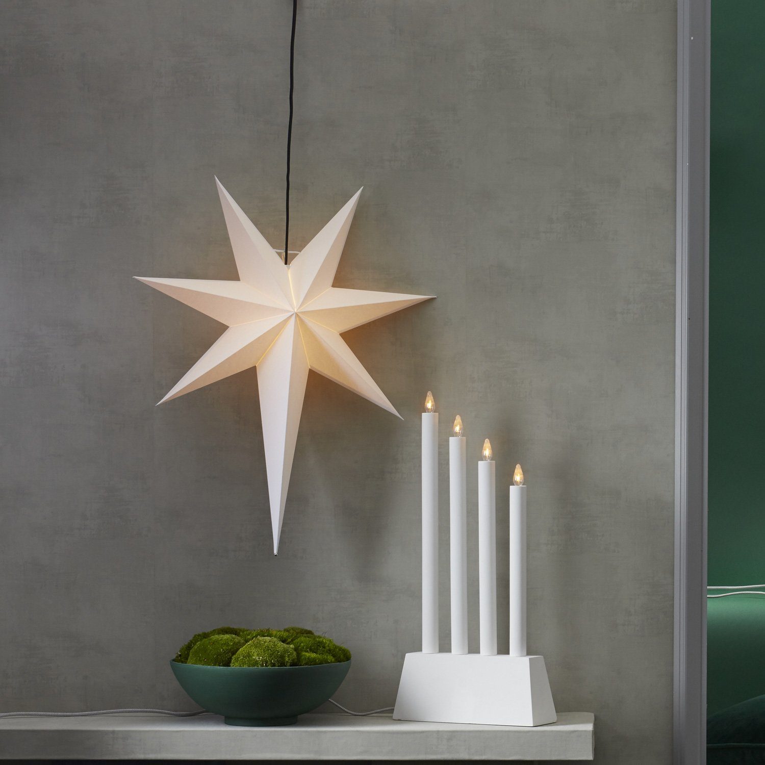 STAR TRADING LED Stern hängend 7-zackig 55cm weiß Faltstern Kabel Papierstern mit Leuchtstern