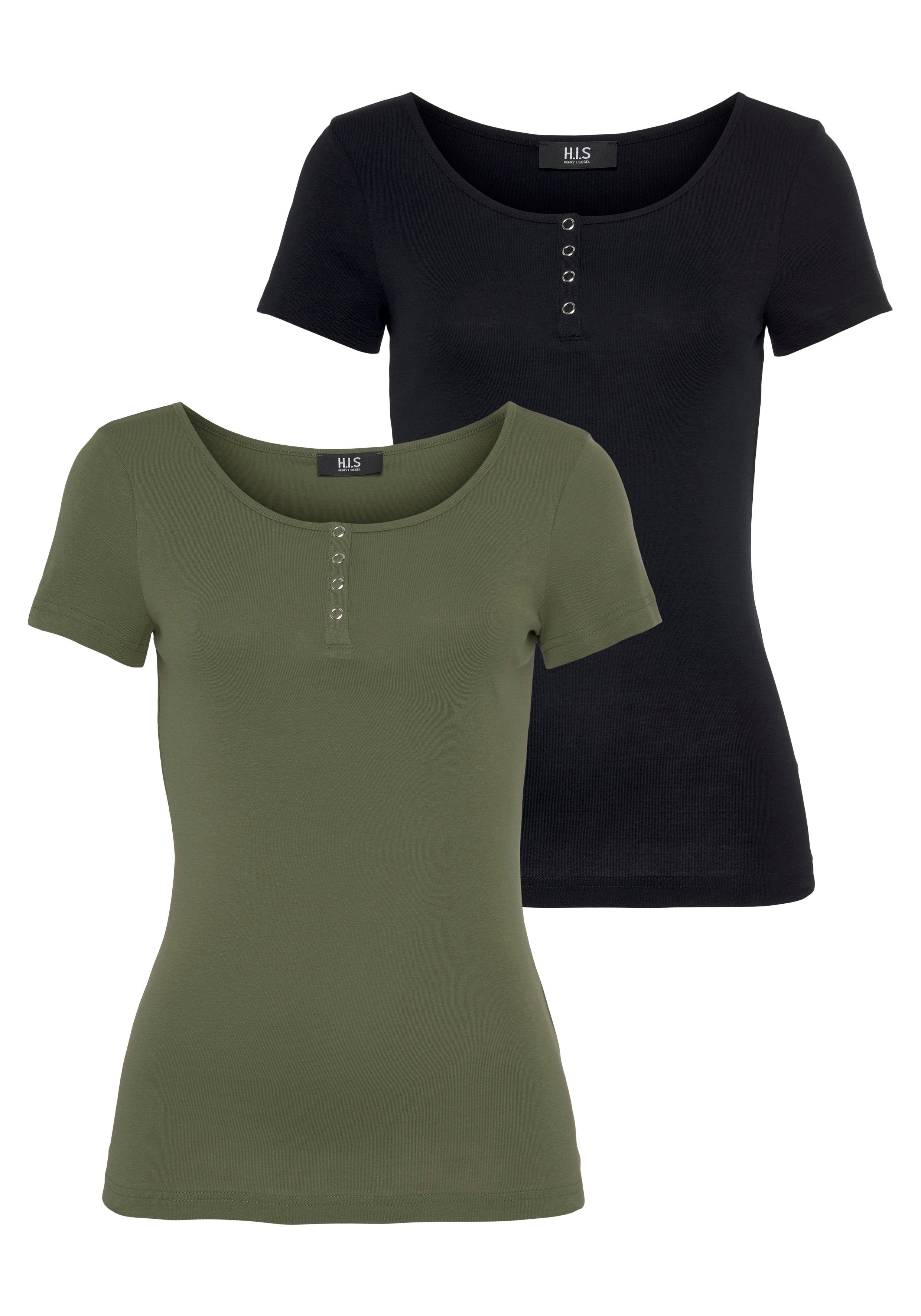 Knopfleiste T-Shirt mit (Set, H.I.S vorne khaki-schwarz 2-tlg)