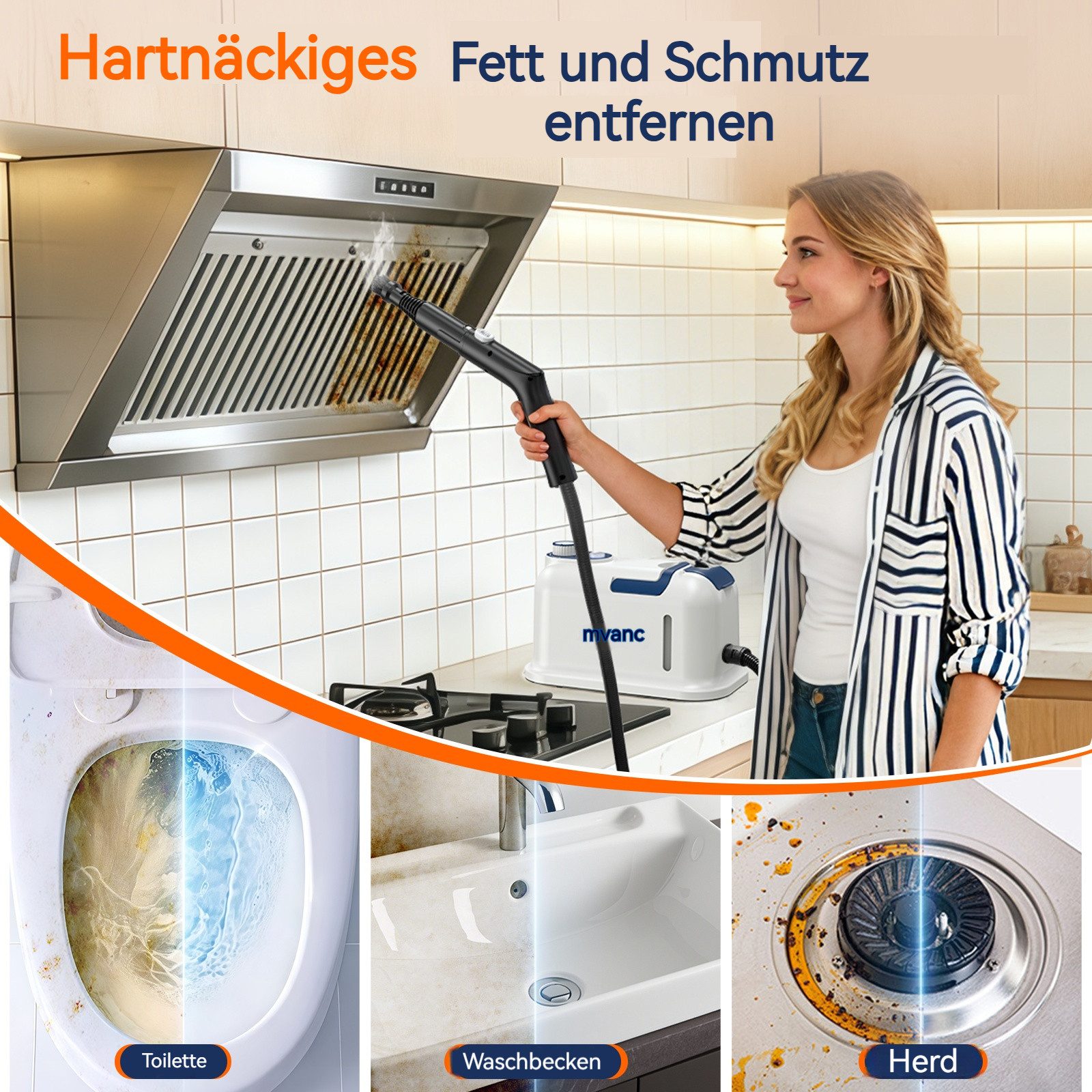 muvano Handdampfreiniger 3-stufig einstellbarer dampfreiniger handgerät,15 Sekunden Aufheizzeit, 1500 W, 1600ml großer Tank Handdampfreiniger,für Haushalt und Auto, Küche