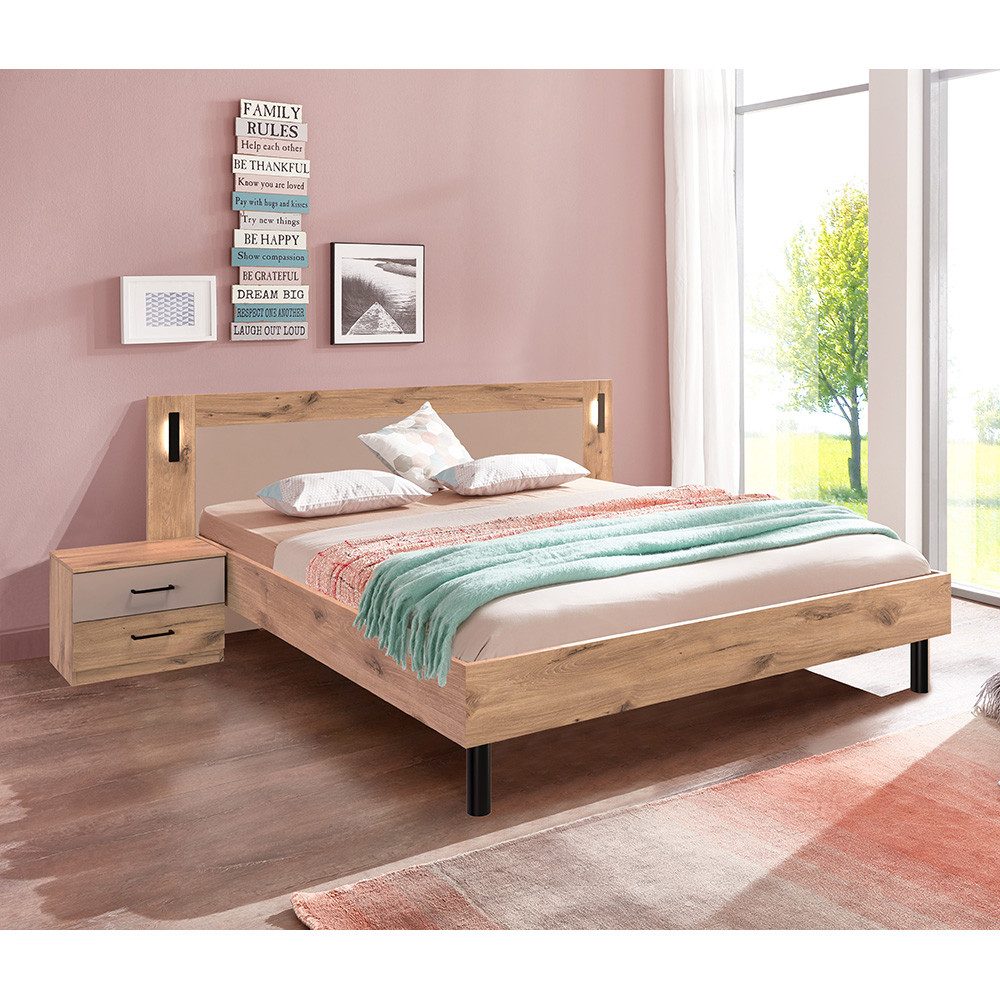 Lomadox Schlafzimmer-Set BRASOV-43, (Spar-Set, 3-tlg., Futonbett 180x200 Nachtschränke), Eiche Nb. mit saharagrau, inkl. Beleuchtung, Stauraum