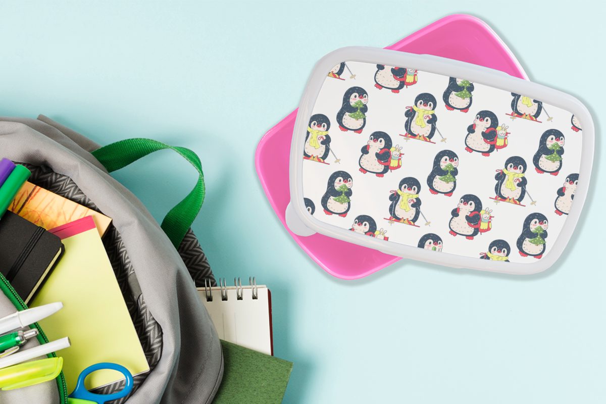 Brotbox MuchoWow Muster, Kind Kunststoff Snackbox, - Erwachsene, - für Brotdose Mädchen, rosa Kinder, (2-tlg), - Lunchbox - Winter Ski Pinguin Kunststoff,