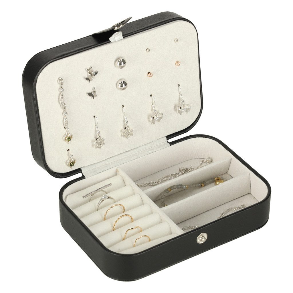 Ikonka Schmuckkassette Schmuckkästchen Schmuck Organizer mit Fächern Kettenhaken schwarz (Schmuck Organizer Box mit Fächern Kettenhaken schwarz kompakt, Schmuck – Bild 3 von 5