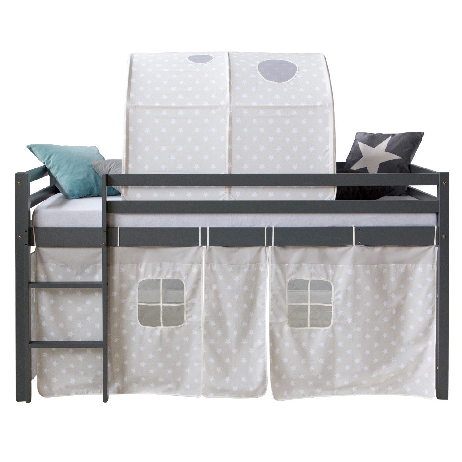 Homestyle4u Hochbett 90x200 mit Vorhang und Tunnel in Grau Sterne 1876 günstig online kaufen
