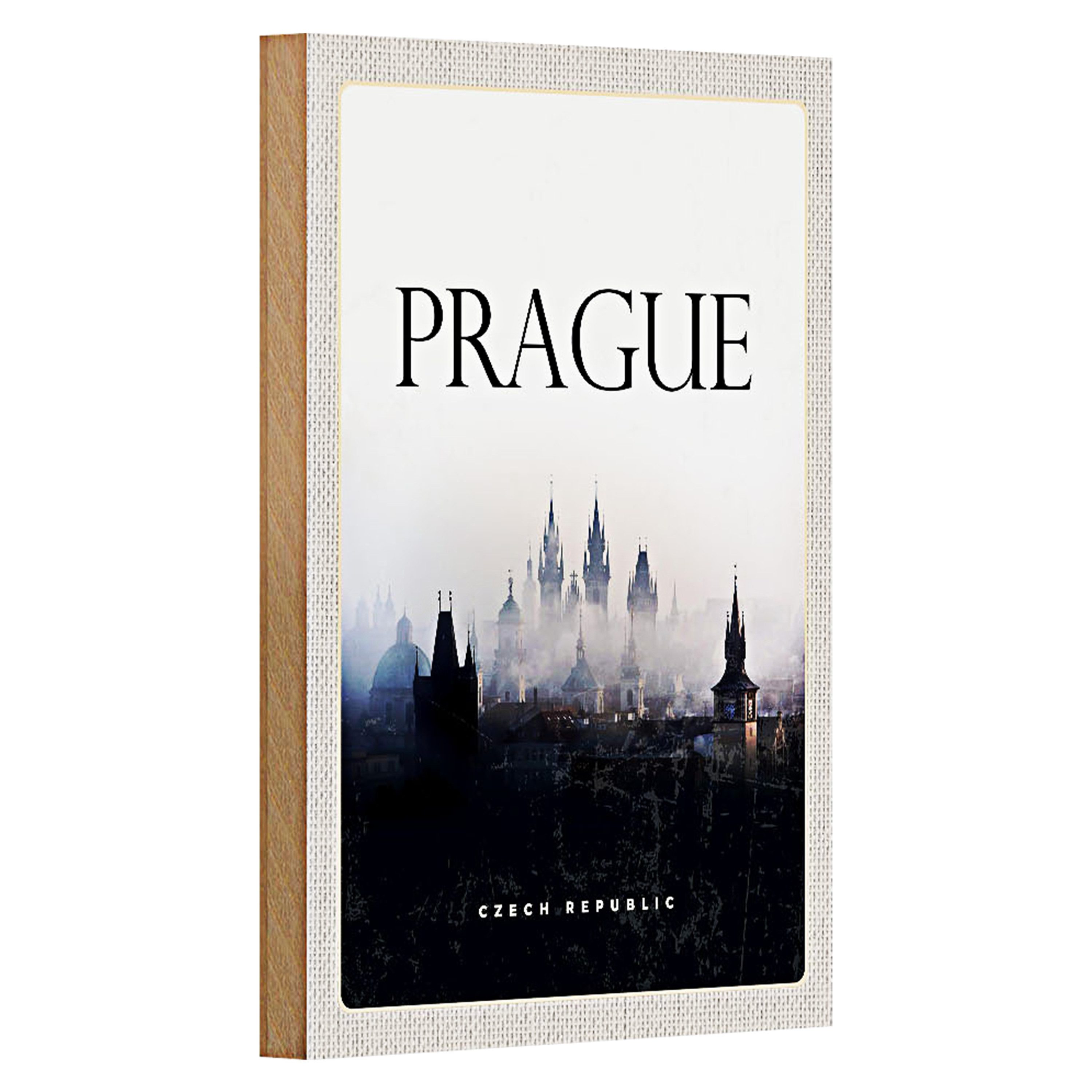Roomando Holzbild Reise 12x18cm Retro Prague Nebel Overview