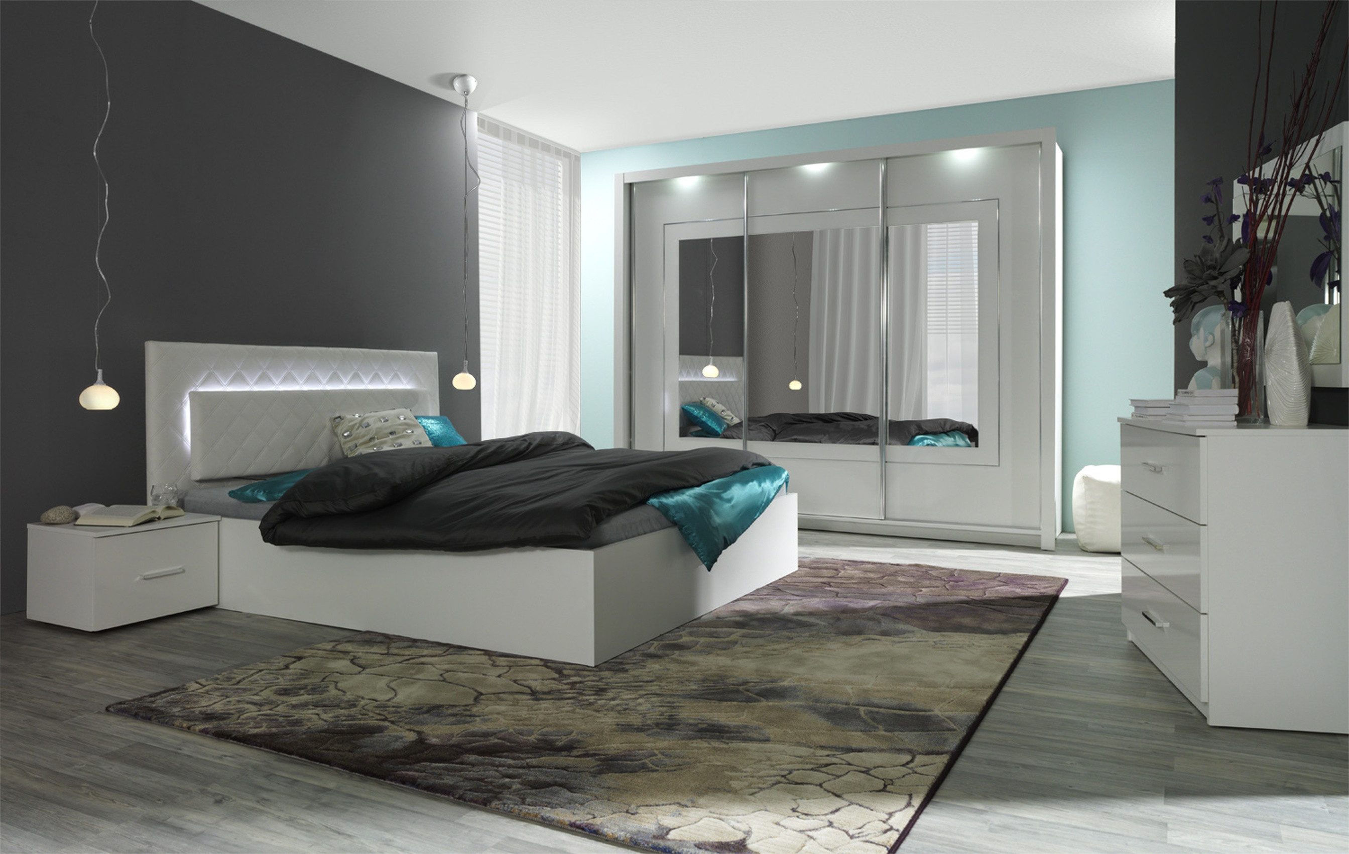 Raumhirsch Furniture Bettgestell Funktionsbett, Doppelbett 160x200, Bett mit Stauraum (Maße: 166,6 x 100 x 206,4 cm (modernes Design, Weiß Hochglanz, ohne Matratze), gepolstertes Kopfteil mit Steppnähten, LED Beleuchtung