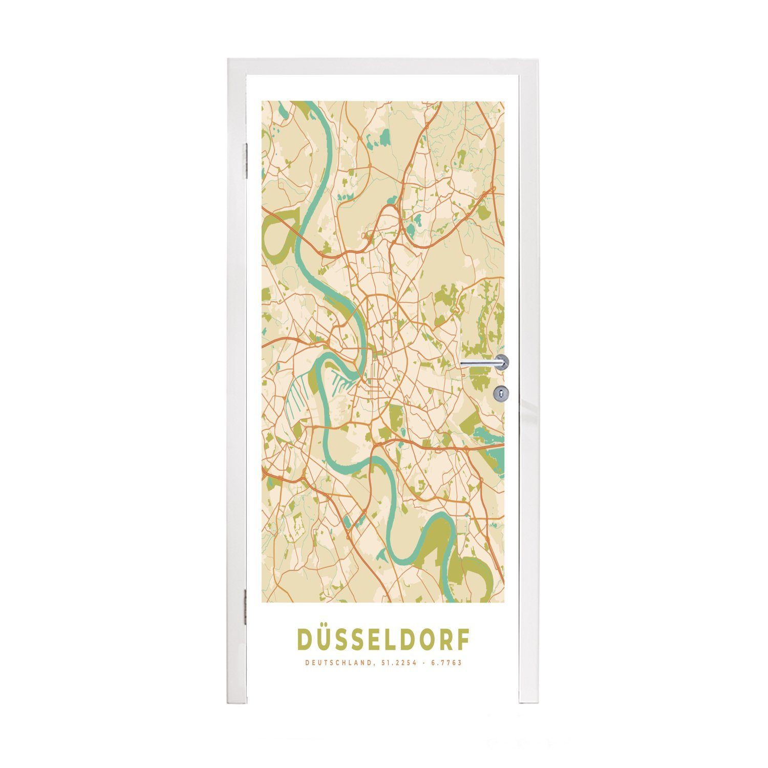MuchoWow Türtapete Düsseldorf - Stadtplan - Vintage - Karte, Matt, bedruckt, (1 St), Fototapete für Tür, Türaufkleber, 75x205 cm