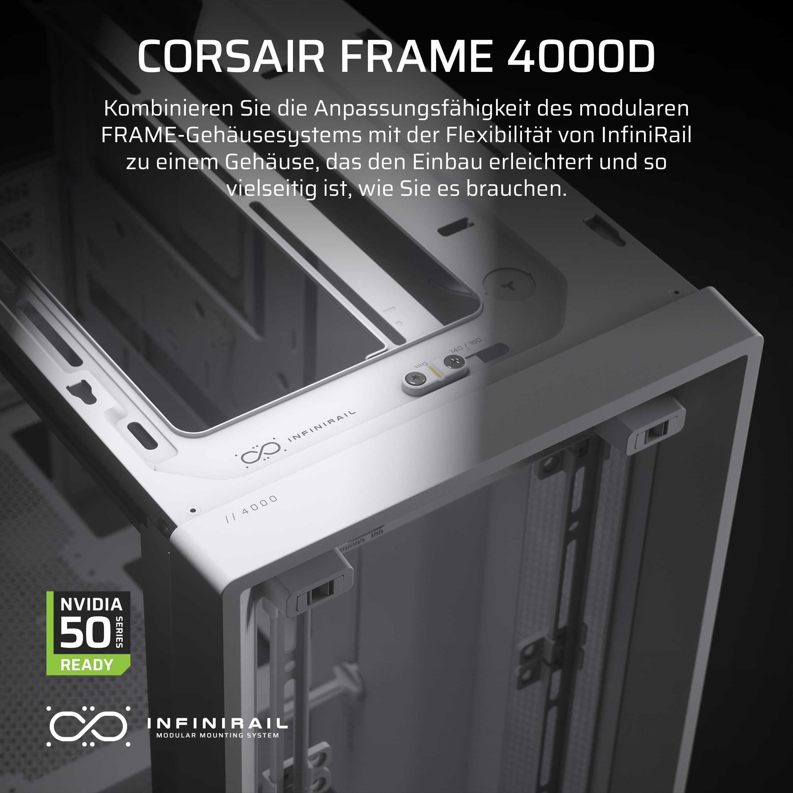 Corsair Computer-Kühler FRAME 4000D Schwarz, Tempered Glass, Modular Design, InfiniRail, Dual 360 mm Halterungen