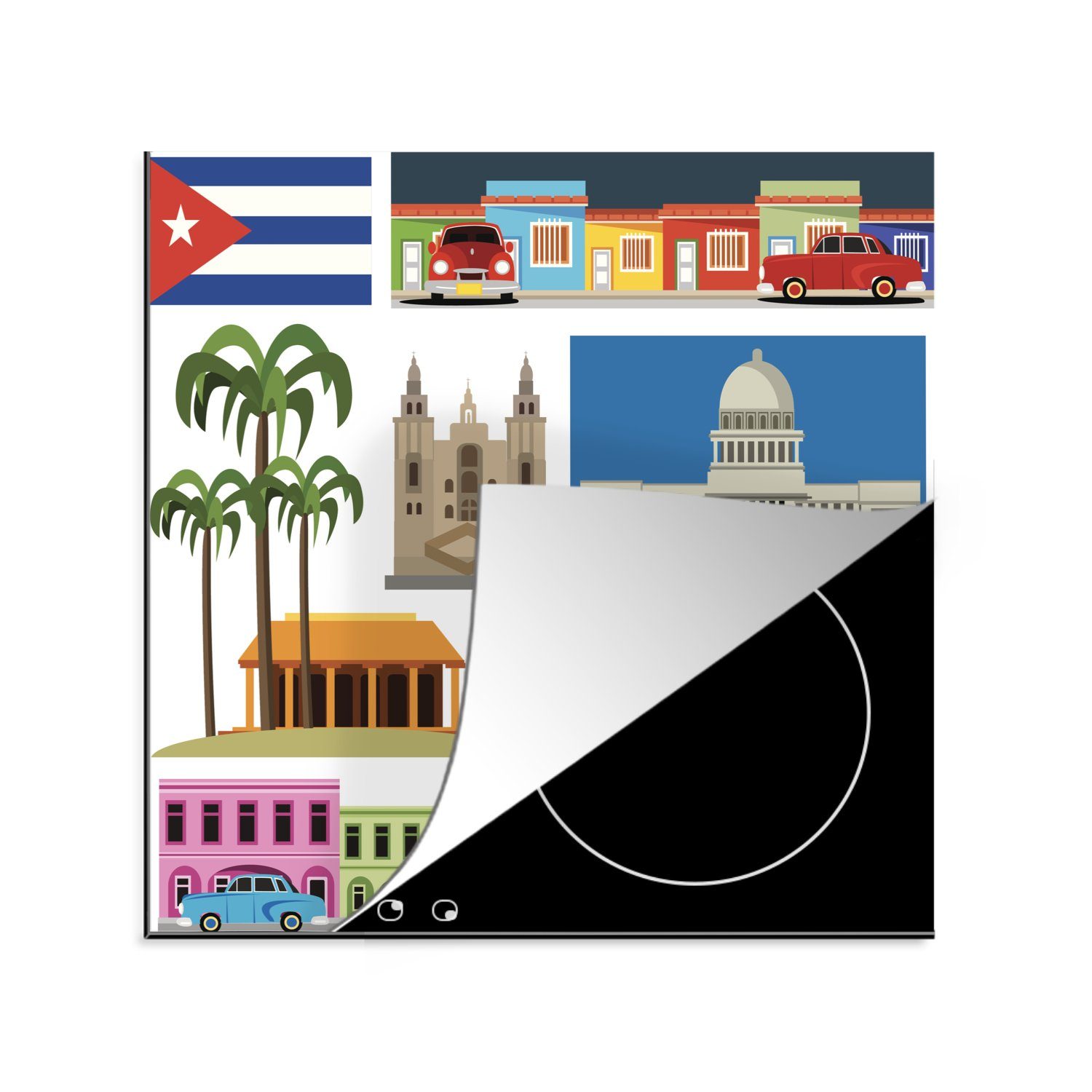 MuchoWow Herdblende-/Abdeckplatte Eine Collage über küche 78x78 Insel (1 Vinyl, für Ceranfeldabdeckung, in die cm, einer Arbeitsplatte Illustration, tlg), Kuba