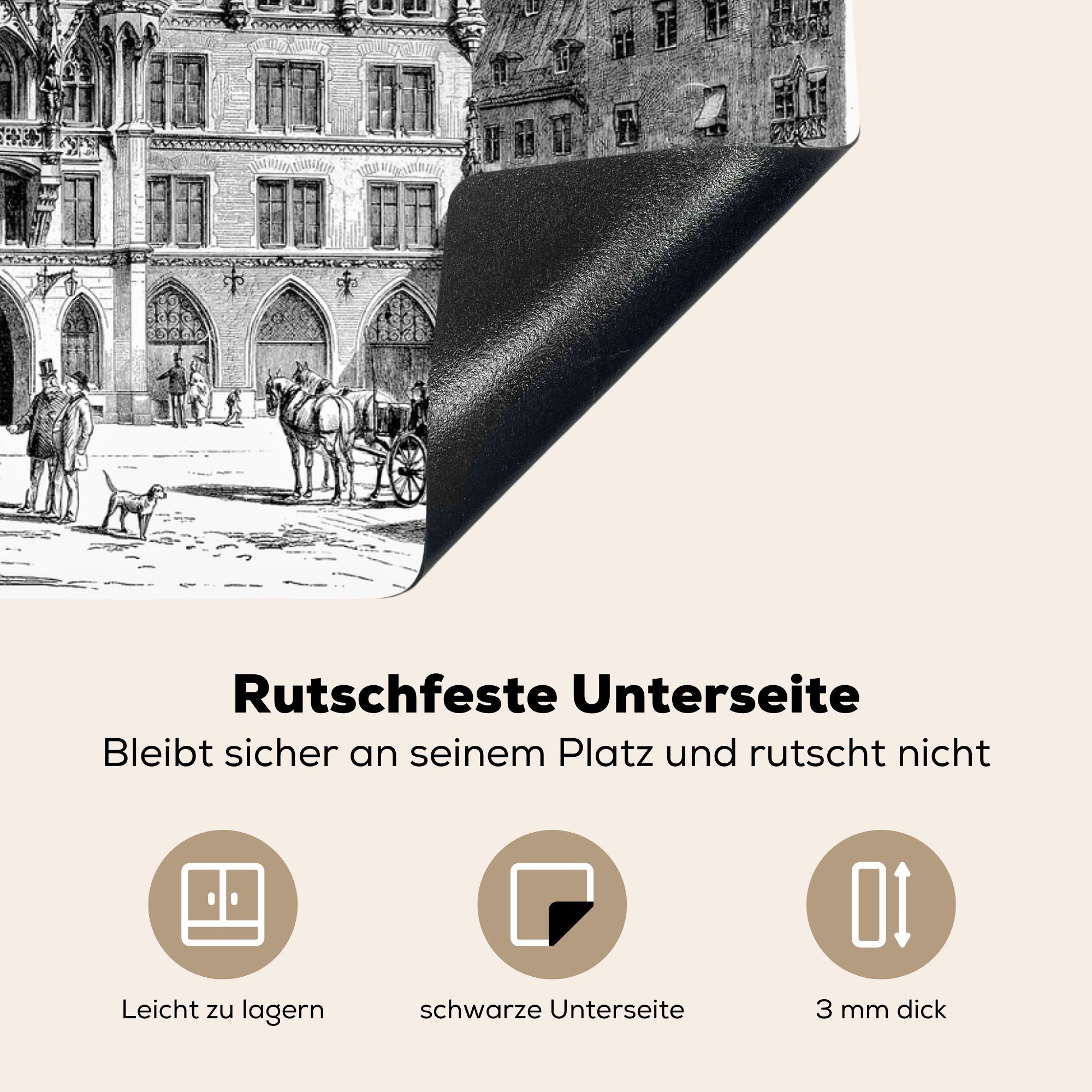 Vinyl, 70x52 MuchoWow Marienplatzes Mobile schwarz-weiße tlg), Eine Arbeitsfläche in Illustration München, (1 des Ceranfeldabdeckung Herdblende-/Abdeckplatte cm, nutzbar,