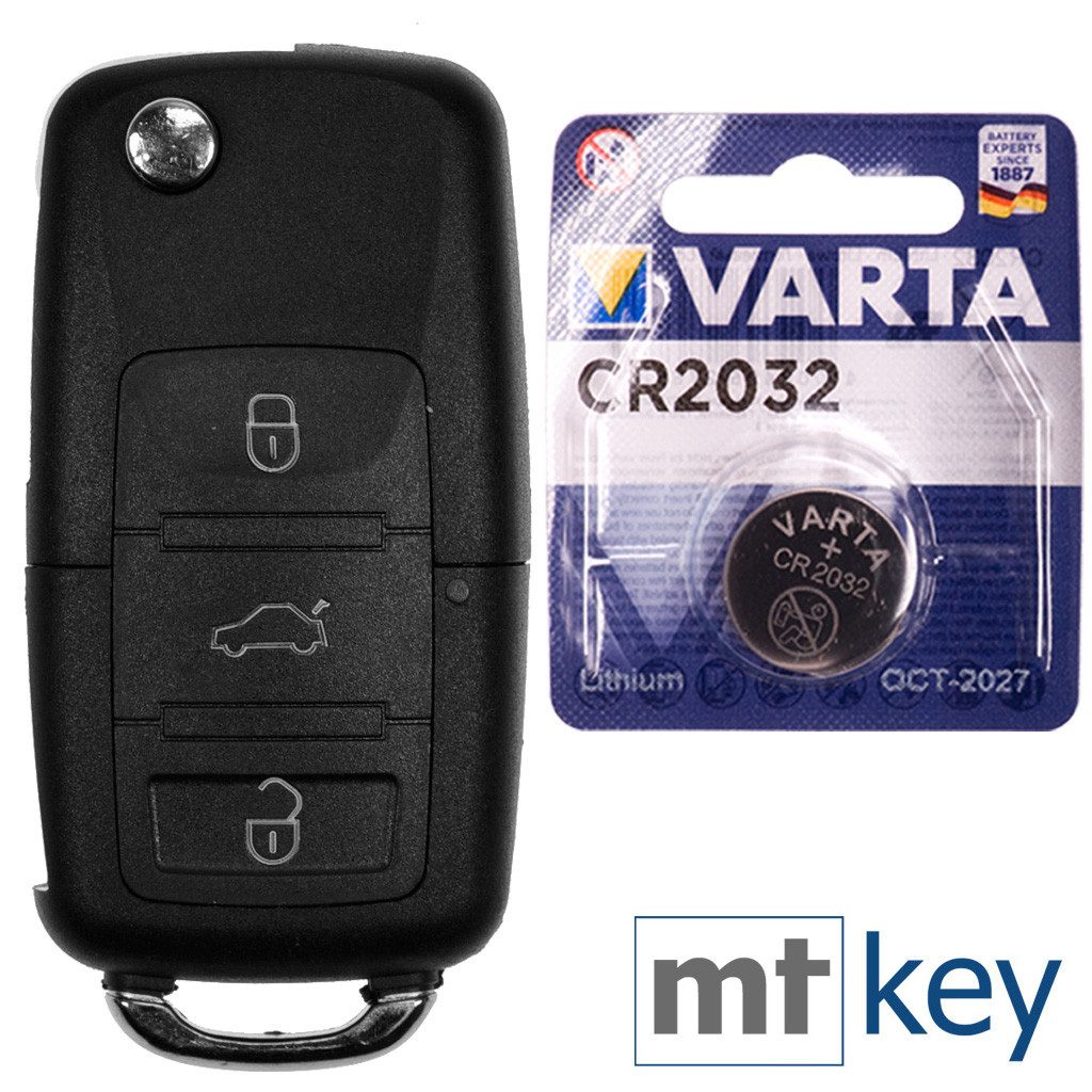 mt-key Auto Klapp Schlüssel Gehäuse 3 Tasten + HAA Rohling + VARTA CR2032 Knopfzelle, CR2032 (3 V), für VW SEAT SKODA (VAG Gruppe) in OE Qualität Funk Fernbedienung