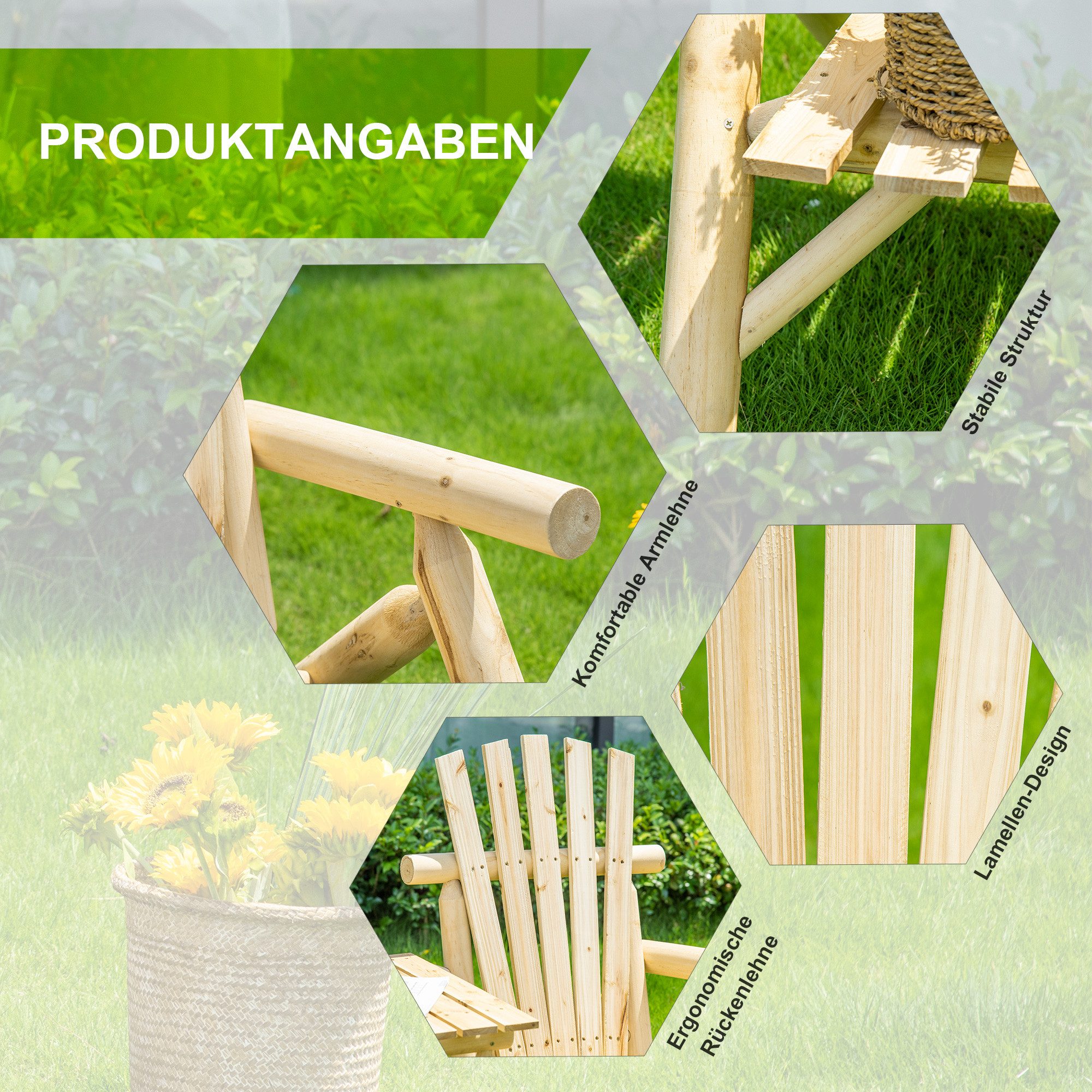Outsunny Gartenstuhl Gartenbank mit Tisch, Sitzbank, 2 Stühle, Massivholz (Holzbank, 1 St), für Garten, Naturholz – Bild 4 von 5