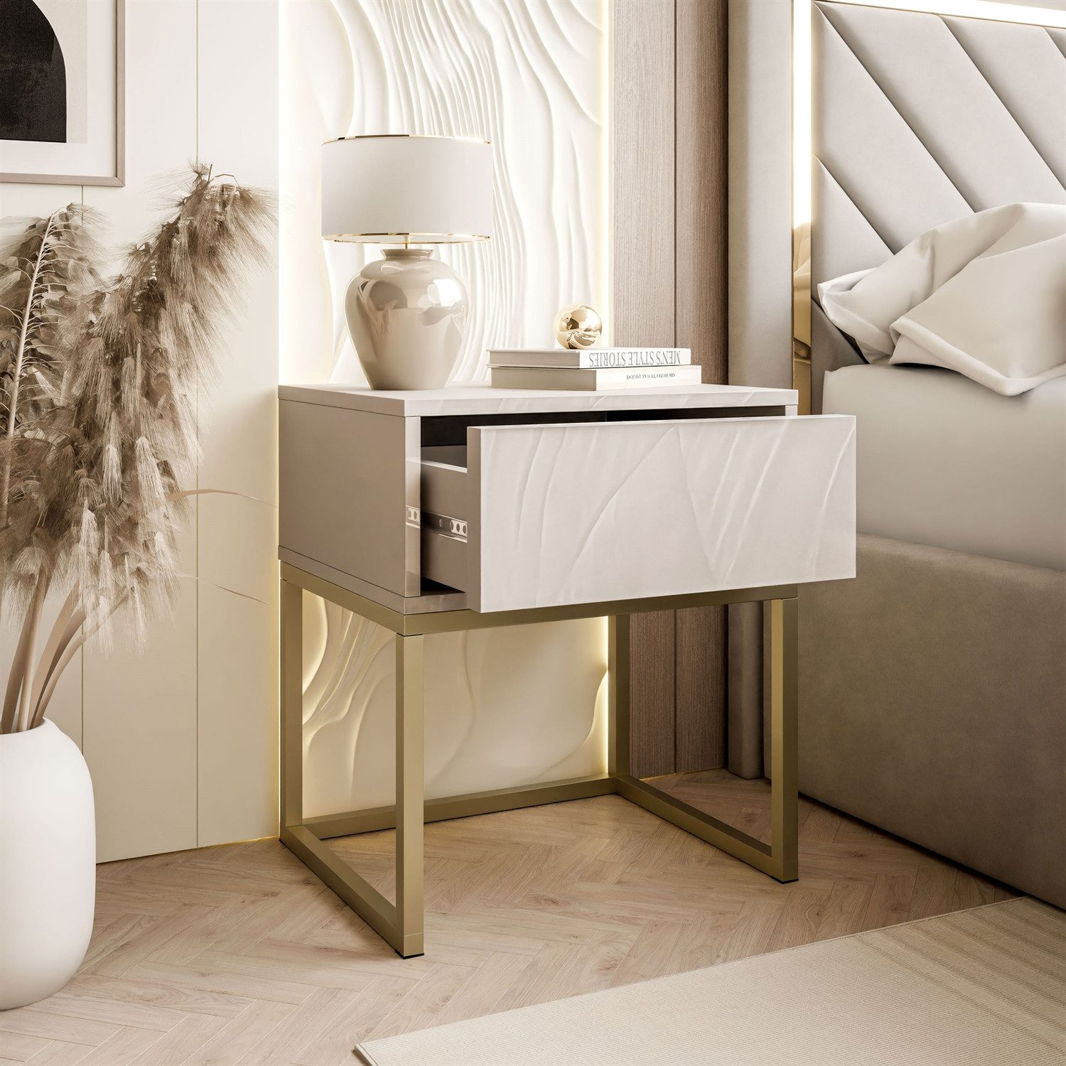 Lookway Nachttisch BLANCO Kaschmir auf Gestell – Moderner Nachtschrank fürs Schlafzimmer (1x Nachttisch), 45x52x37 cm – Bild 3 von 5