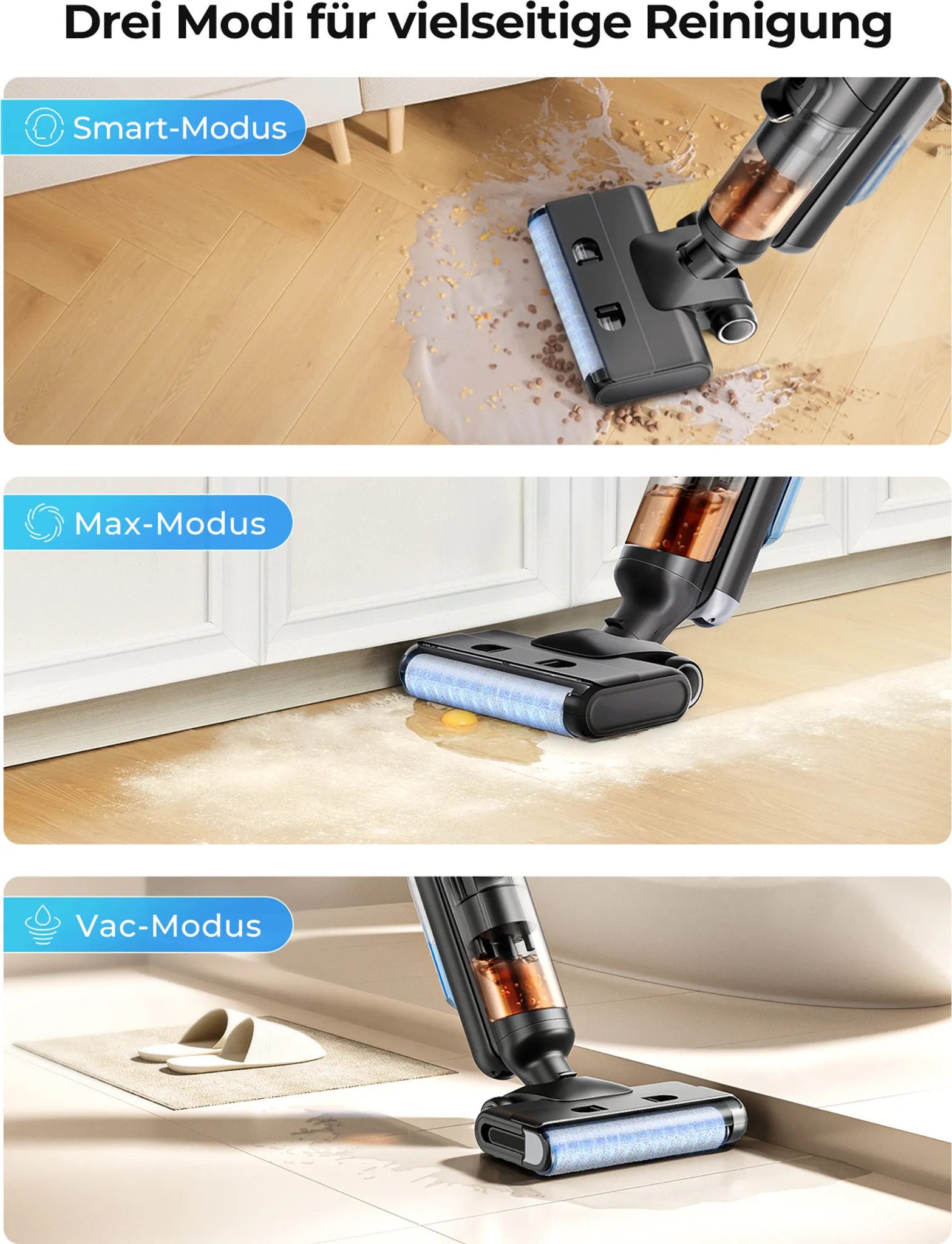 Laresar Bodenstaubsauger M3 Kabelloser Nass- und Trockensauger mit Wischfunktion Bodenreiniger, 230 W, 13.000PA, 55 Min. Laufzeit, 230W, 8 × 2500mAh Batterien