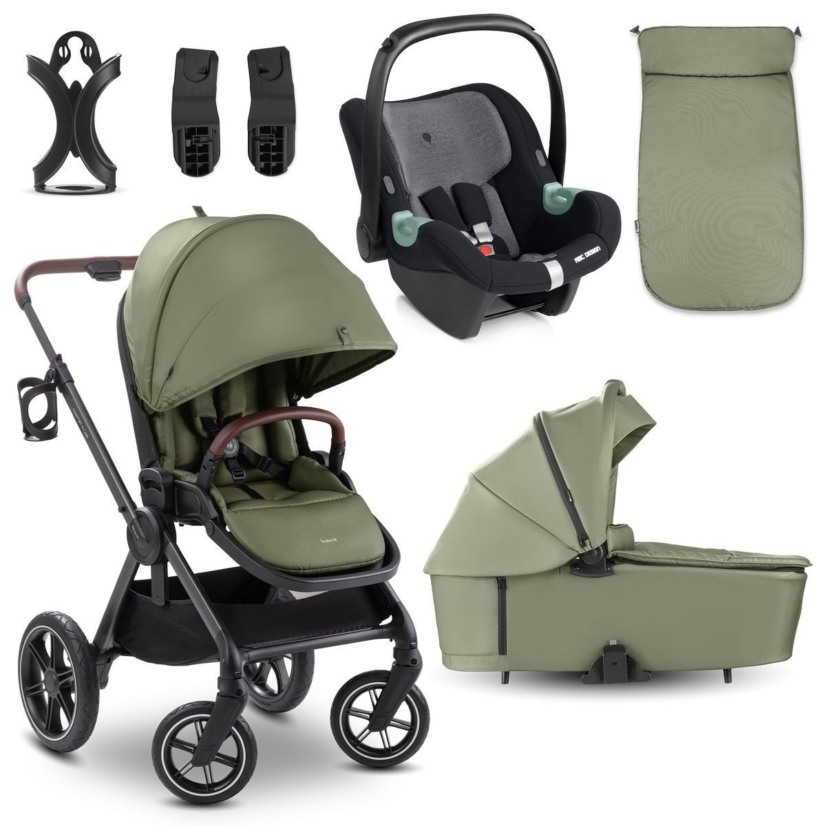 Hauck Kombi-Kinderwagen Comfort N Care Trio Set - Olive, 3in1 Kinderwagen Buggy Set mit Babywanne, Babyschale Tulip & Sportsitz