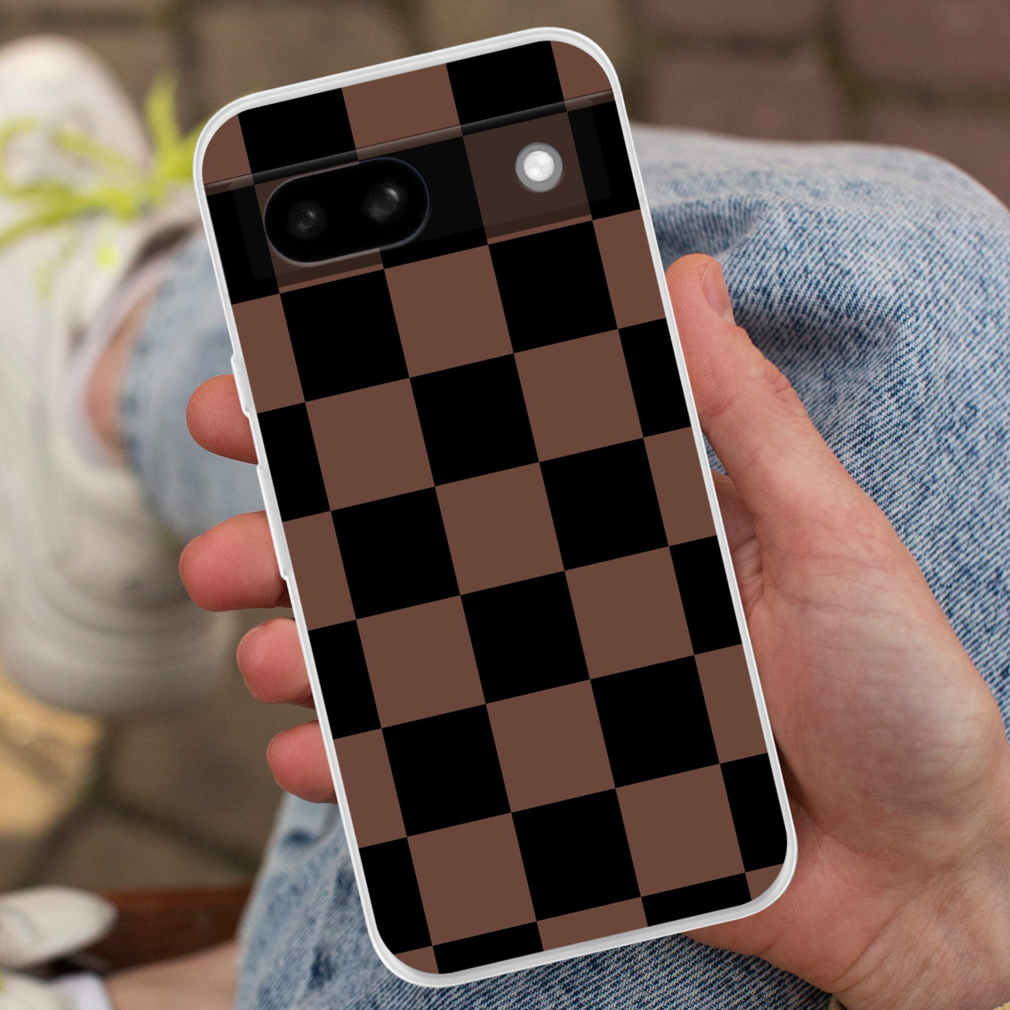 MuchoWow Handyhülle für Google Pixel 8a Schachbrettmuster - Braun - Schwarz - Blöcke, Phone Case, Silikon, Schutzhülle Dünn