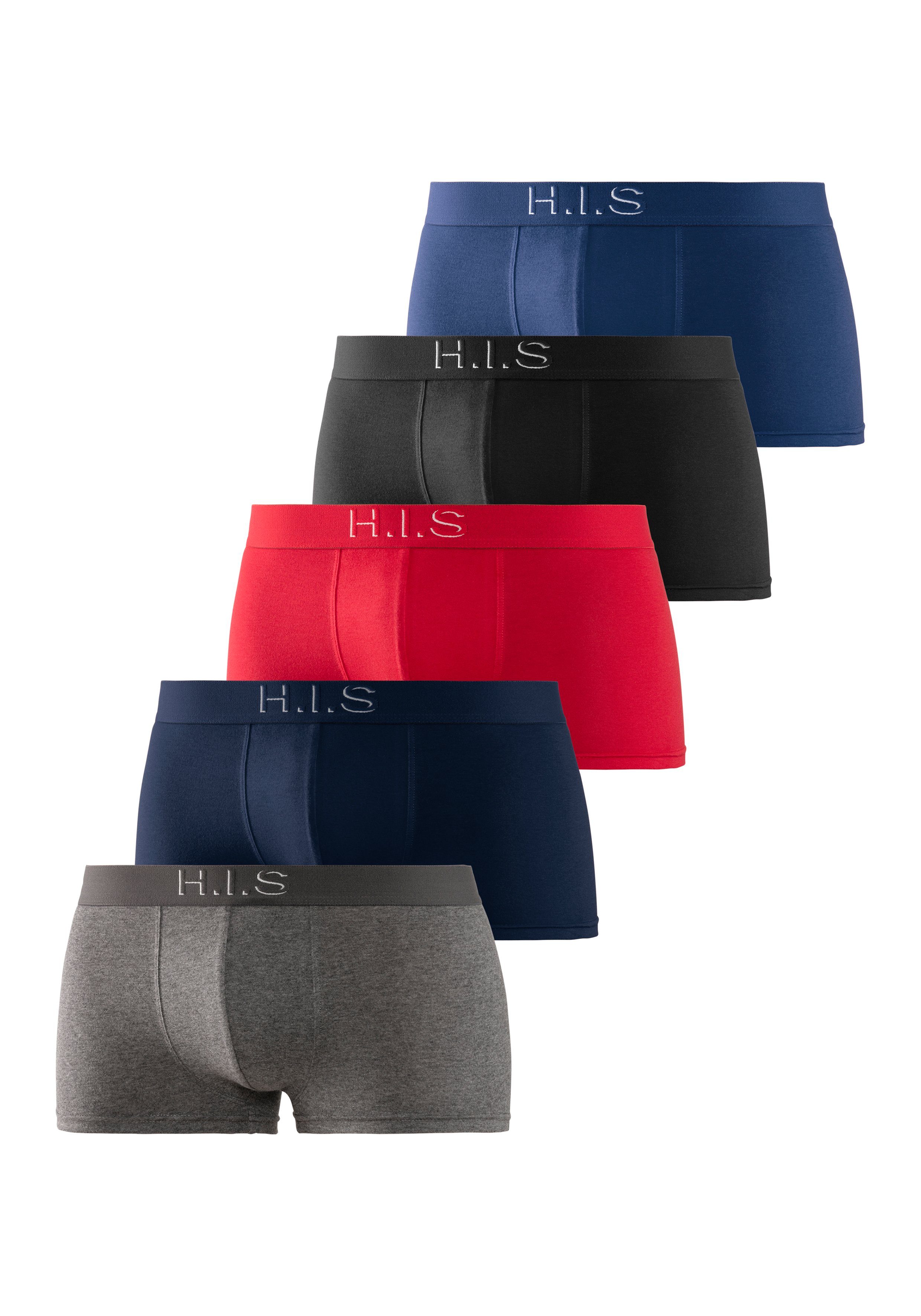 H.I.S Boxershorts (Packung, 5-St) in Hipster-Form schwarz, am rot, Logoschriftzug Effekt grau-meliert, blau mit navy, 3D Webbund mit