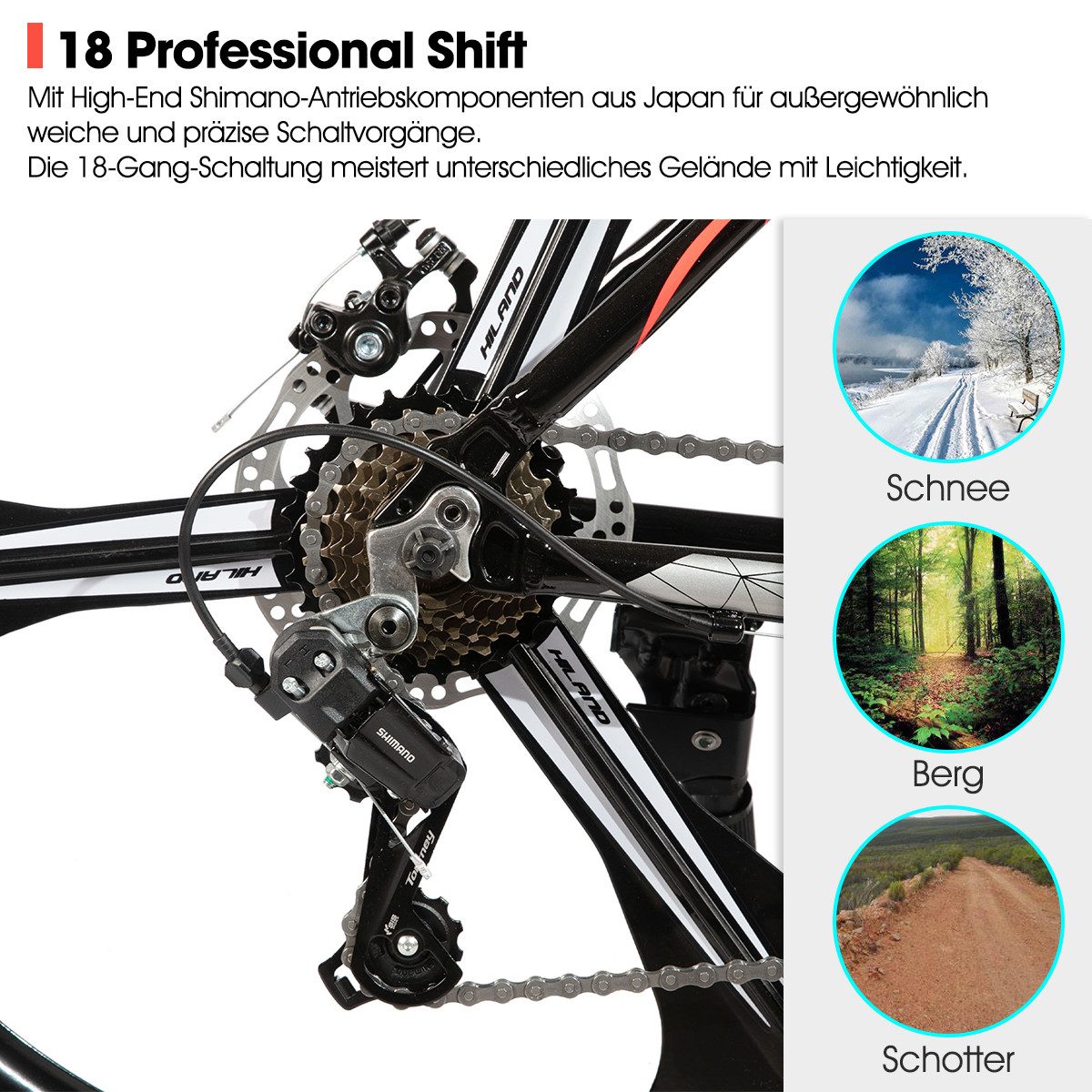 HILAND Mountainbike 26" Aluminium MTB Shimano 18-Gang, 3D/6D Felgen wählbar, 3/6-Speichen-Räder, 18-Gang, mit Schutzblechen, Doppelscheibenbremsen