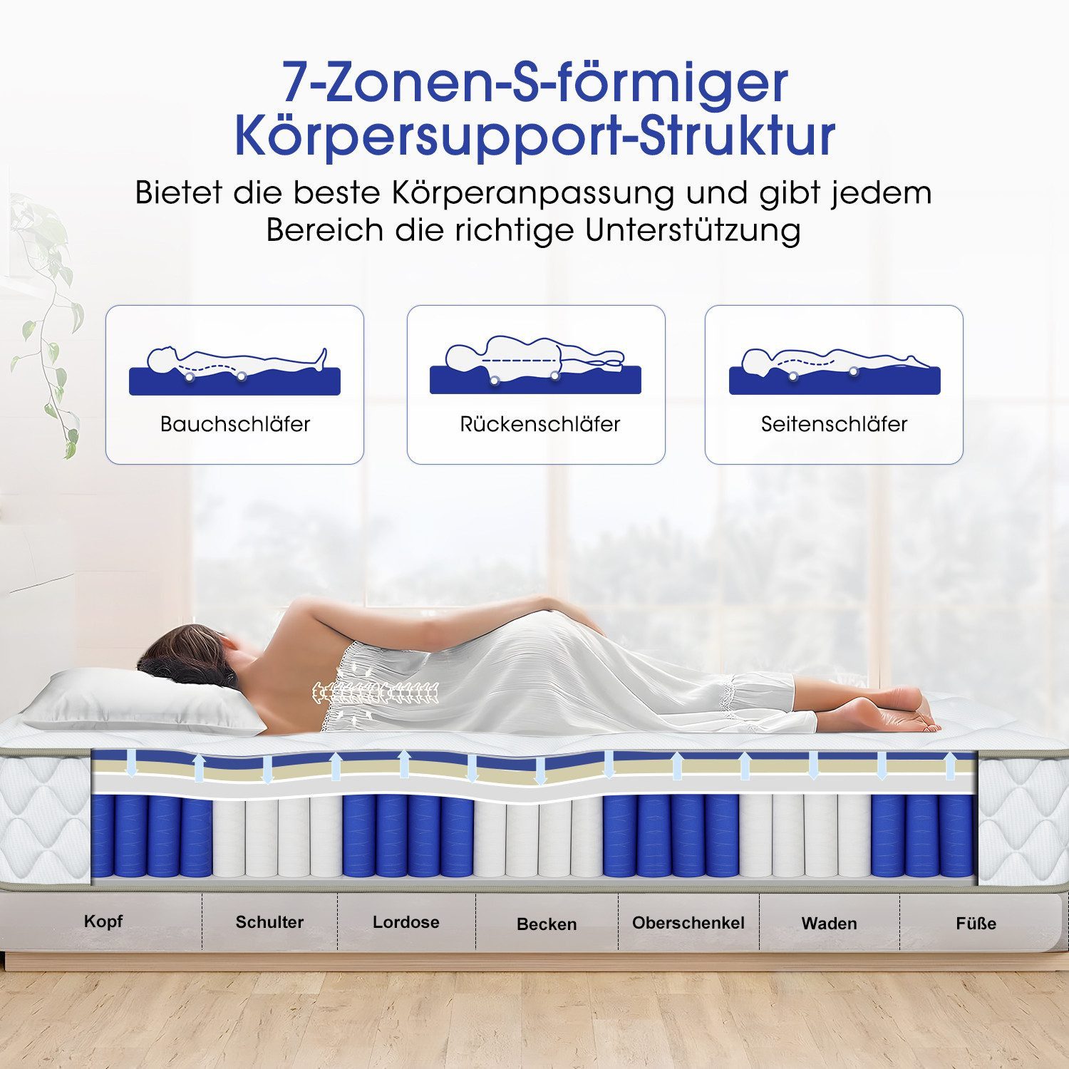 Taschenfederkernmatratze Matratze, 7-Zonen Federkernmatratze Matratzen, Hiazurm, 22 cm hoch, (mit Spannbettlaken,EU-Qualitätszertifizierung, Atmungsaktiv, Orthopädisch, mit Spannbettlaken, EU-Qualitätszertifizierung, Atmungsaktiv), Matratze 90x200 cm oder 140x200 cm, für Kinder und Erwachsen