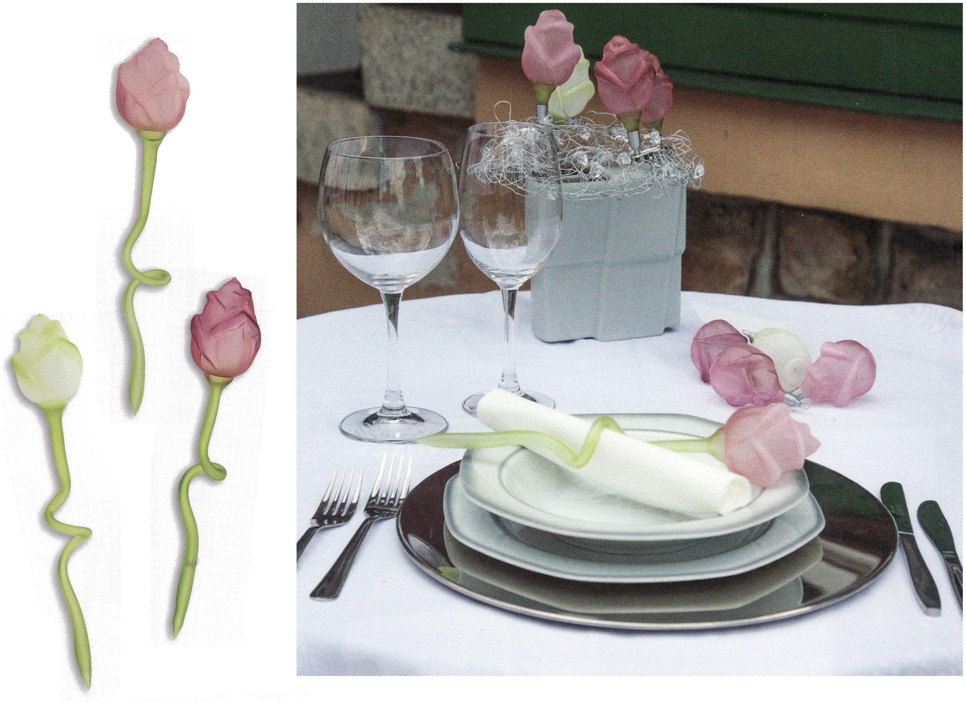 (1 rote Rose St), Tischdeko, handdekorierte mundgeblasene Glas-Rose und Thüringer Glasblume Glasdesign Serviettenring,