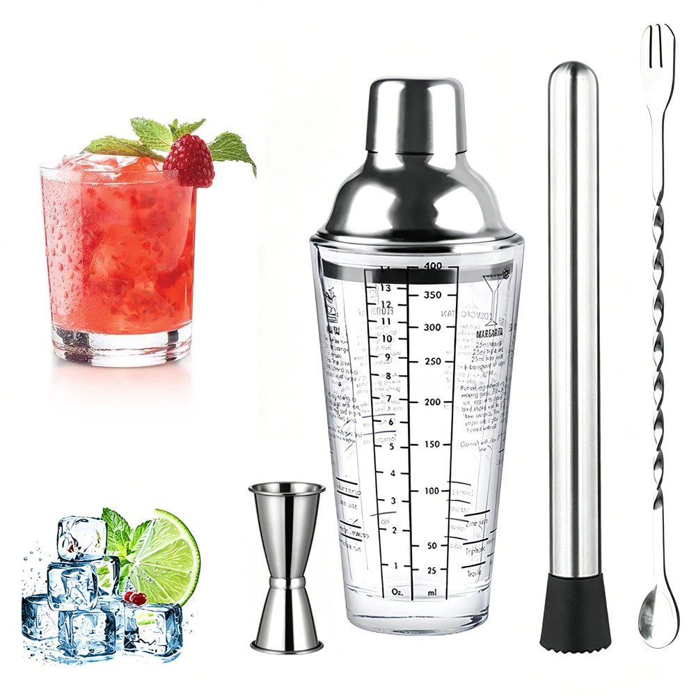 AFKSMILE Cocktail-Set Cocktail Shaker, 400ml Professional Edelstahl Glas Cocktail Shaker Set, (4-tlg), Cocktailshaker Zubehör Messbecher Coctail Mix Set für Mojito, für Bar