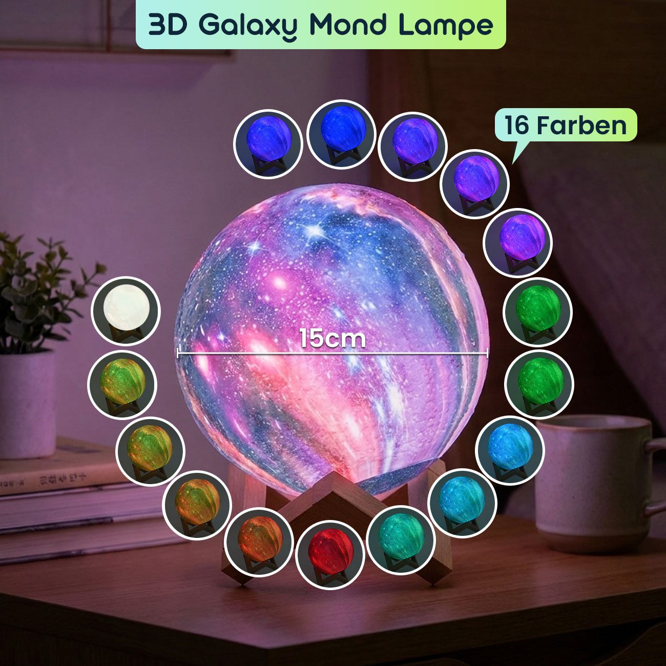 Casativo Nachtlicht 3D Galaxy Mond Lampe 15cm: 16 Farben, dimmbar, Fernbedienung & Holzfuß, Akku Nachtlicht & Deko