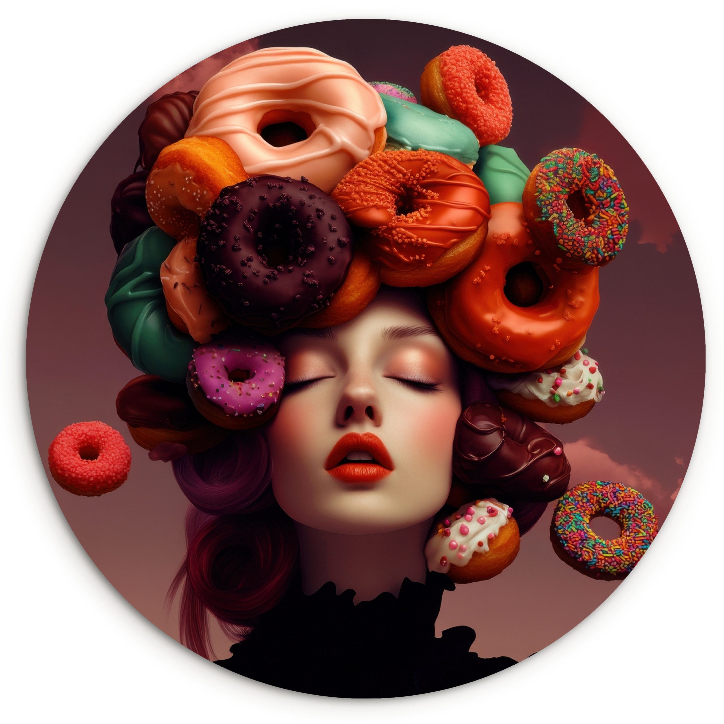 MuchoWow Gemälde Frau - Donuts - Bunt, Fotodruck (1 St), Kreis Wanddekoration, Rundes Wandbild, 30x30 cm