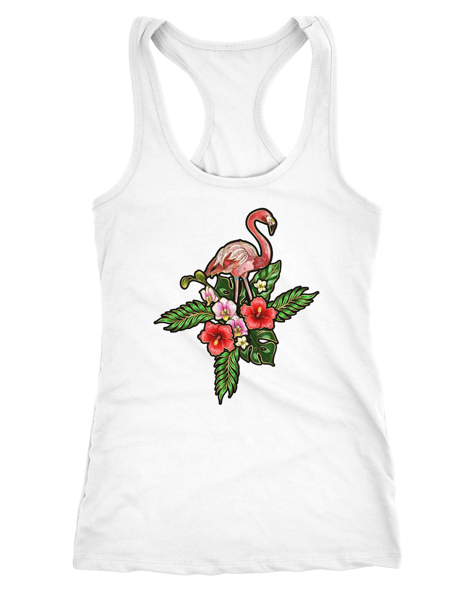 Tanktop Damen Tank-Top Flamingo Tropical Palmblätter Sommer Stick-Patch-Optik