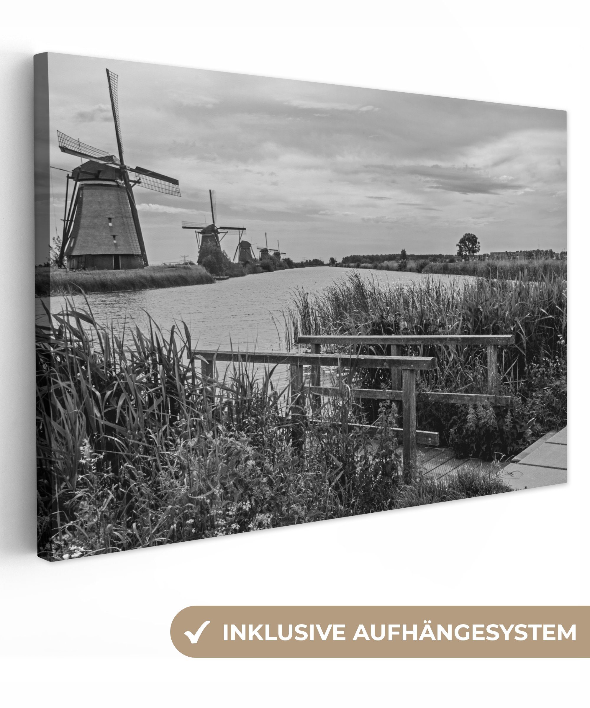 cm Mühle - Aufhängefertig, Weiß, St), Leinwandbild Schwarz 30x20 Wandbild - Niederlande - OneMillionCanvasses® Leinwandbilder, (1 Wanddeko,
