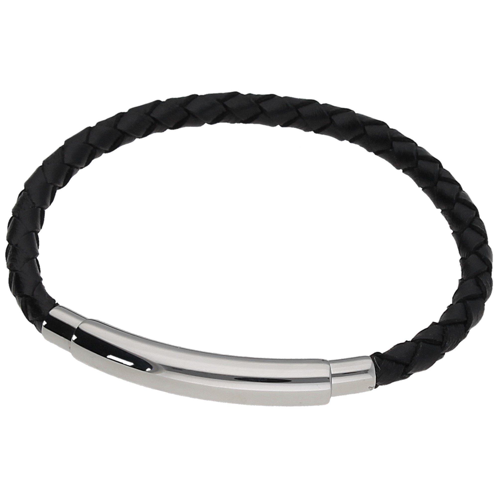 Armband mit schwarzem Leder geflochten, Edelstahl
