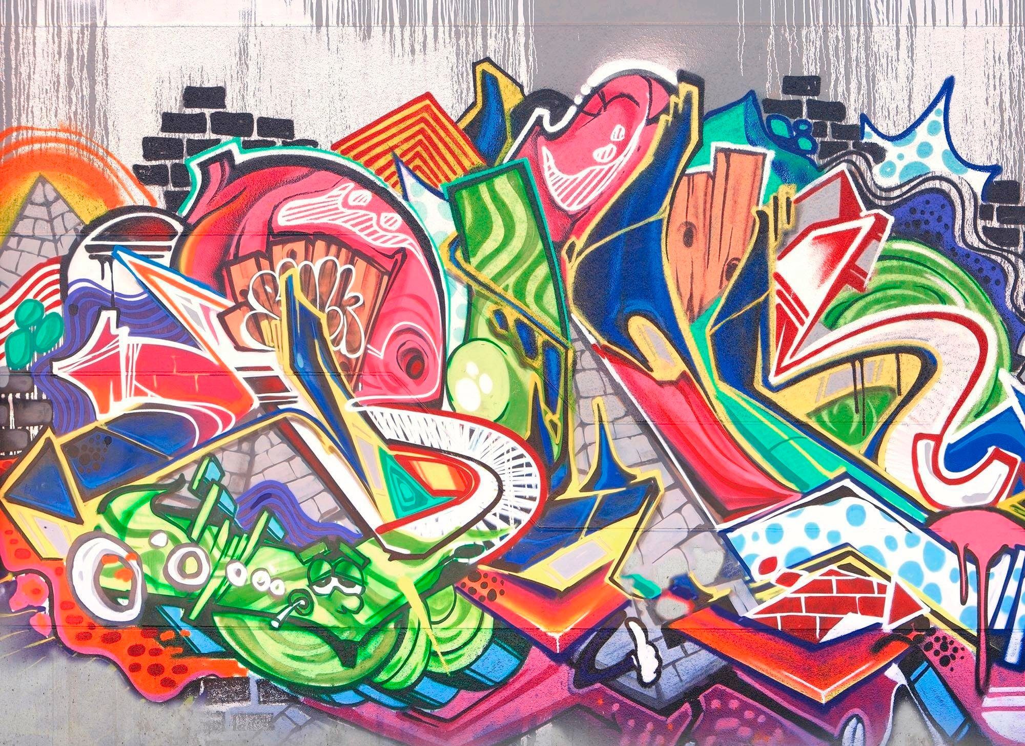 living walls Fototapete Graffiti Vlies, glatt, (1 St), Fototapete Graffitiwand Betonoptik Bunt Grau 3,50 m x 2,55 m