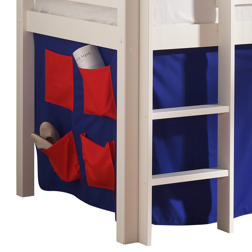 Lomadox Hochbett PINOO-12 Domino und Leiter in Kiefer massiv weiß lackiert 210/114/106 cm